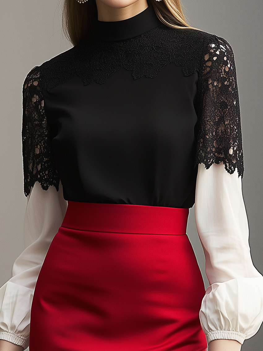 Black Shirt With Stitched Lace Sleeves