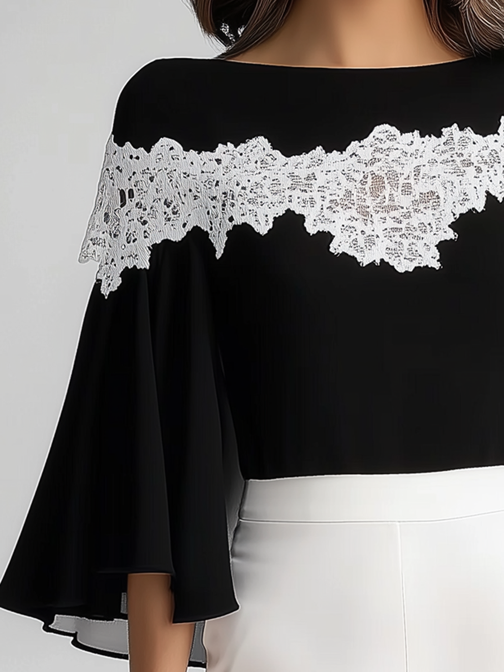 Black Chiffon Shirt With White Lace