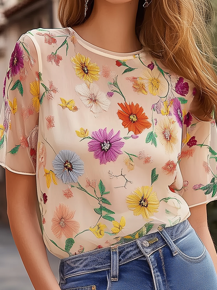 Beige Chiffon Shirt With Flower Print