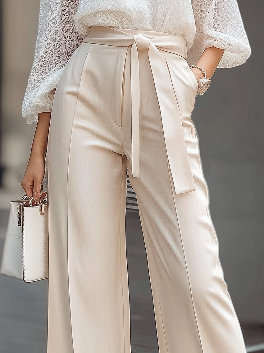 Beige Fashion Commuter Belt Pants