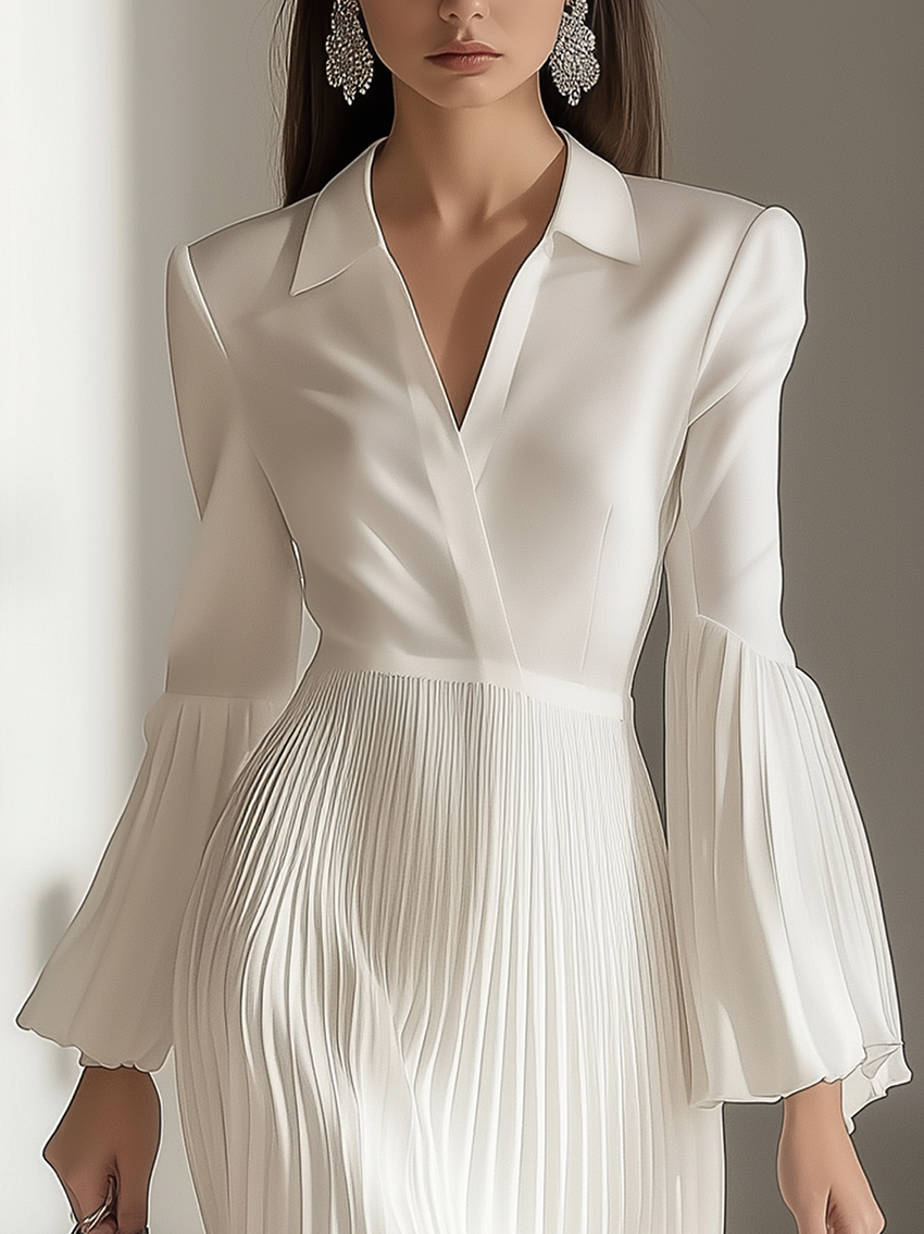 Elegant Classic White Shirt Collar Midi Dress