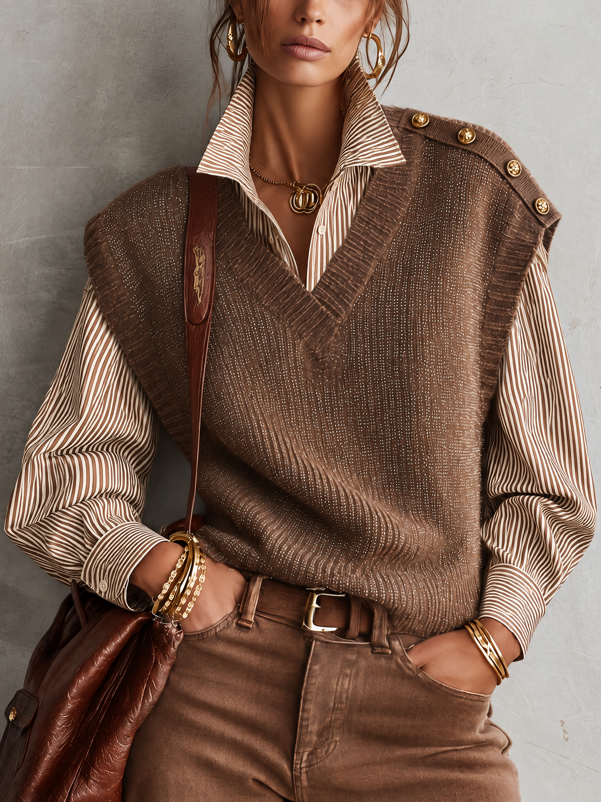 Brown Sparkle Knit Vest And Striped Shirt Two-Piece Set