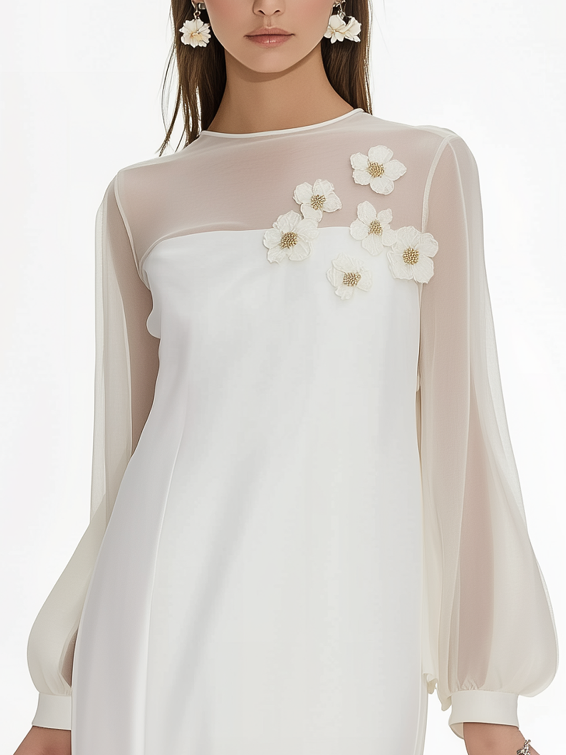 H-pattern White Dress With Flower Decoration And Mesh Stitching