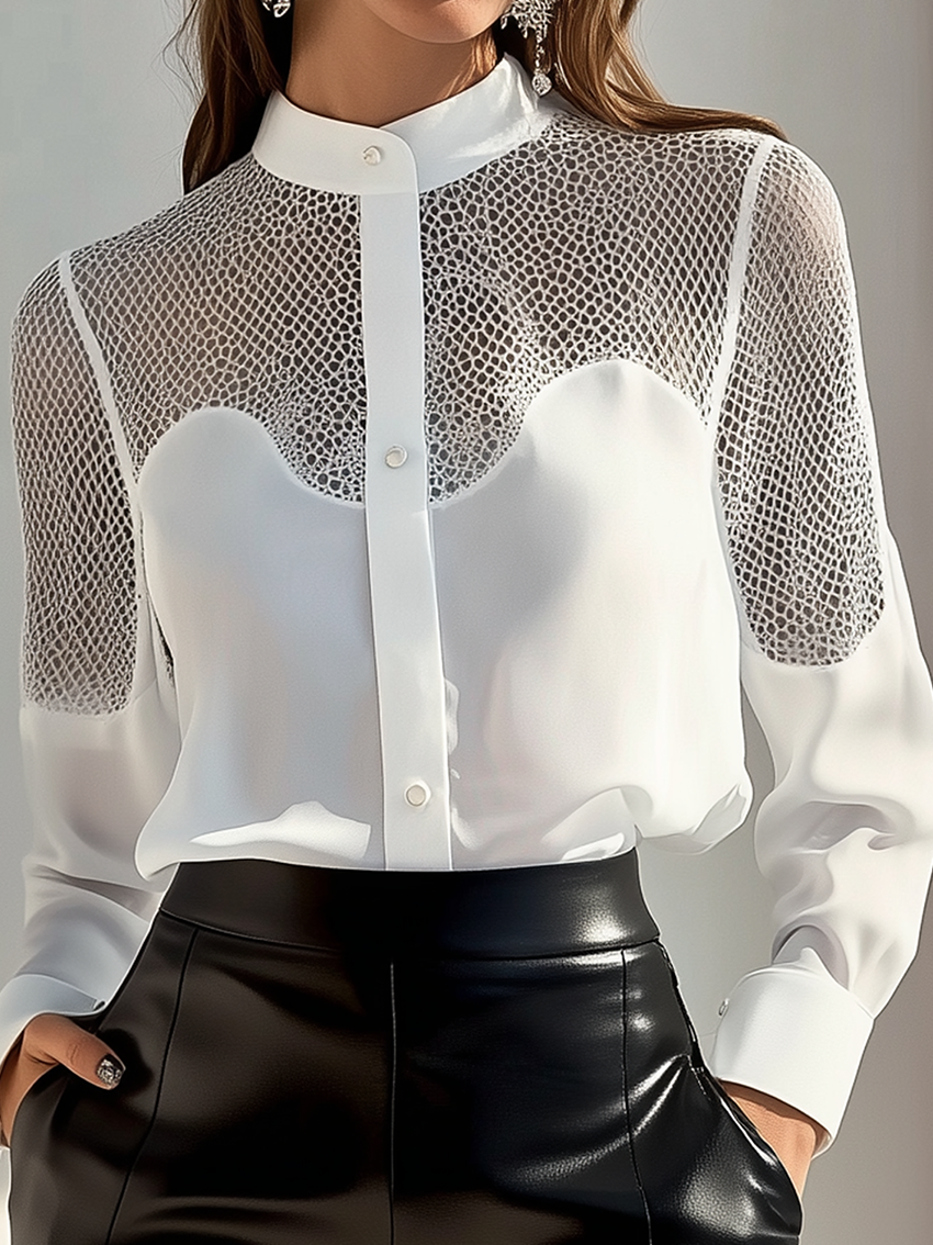 Round Neck White Chiffon Blouse With Soft Mesh Stitching