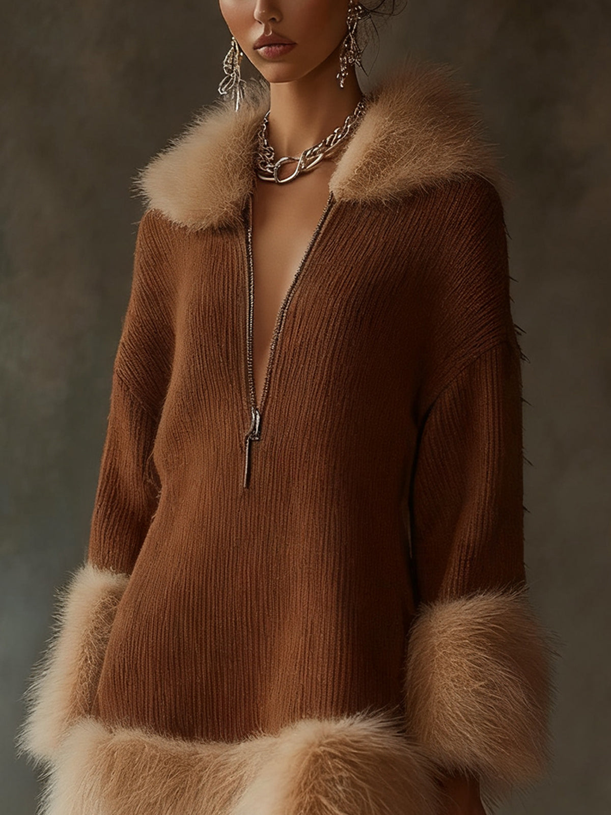Brown Ribbed Knit Dress With Faux Fur Trim And Front Zip