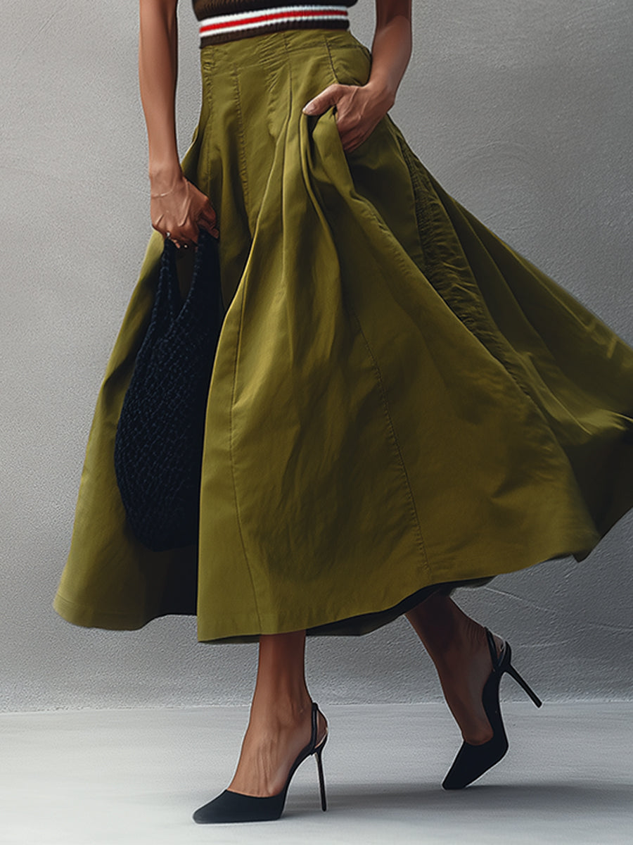 Brown Knit Top And Green Flare Skirt Set