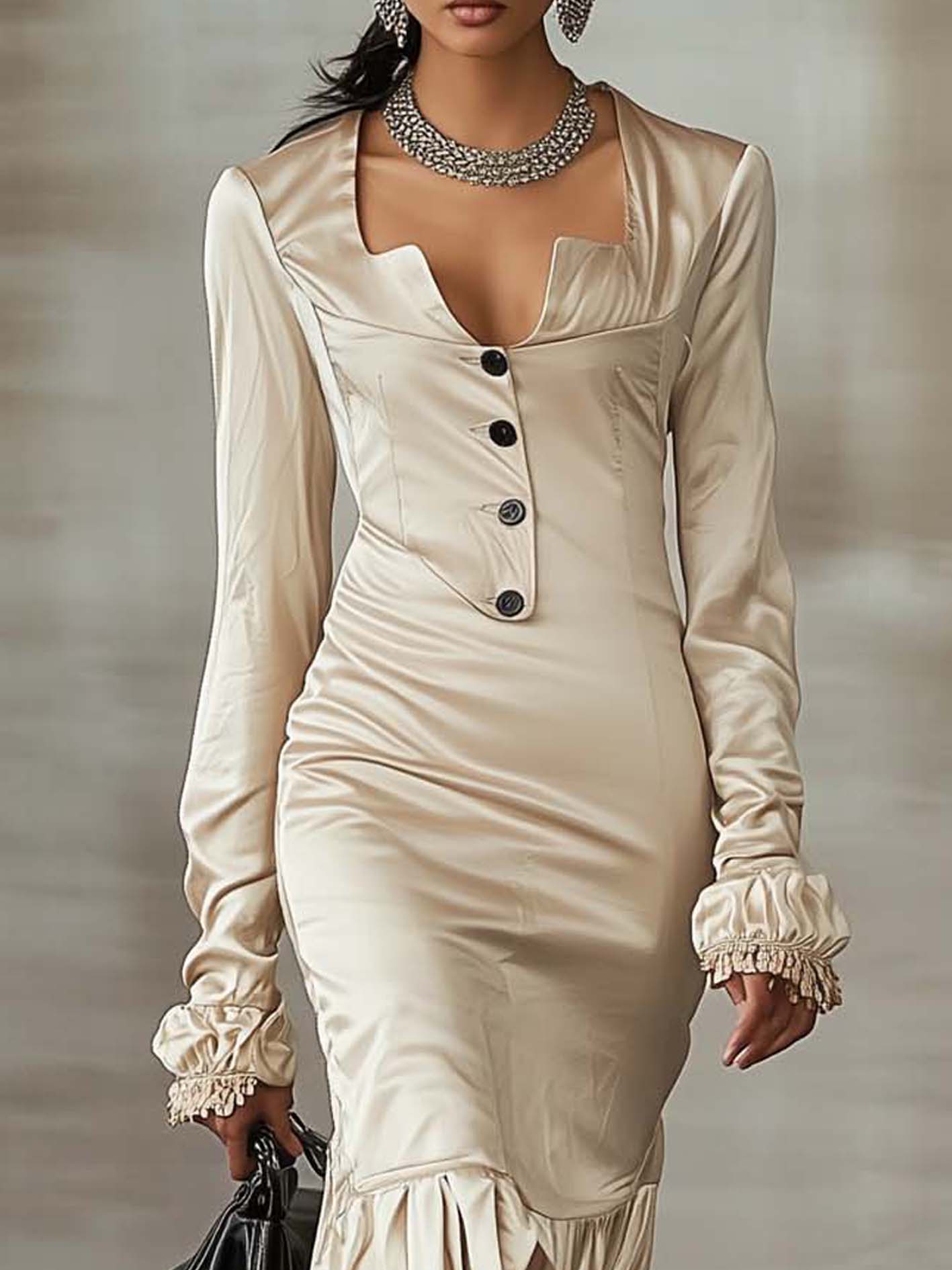 Beige Satin Bodycon Dress With Lace