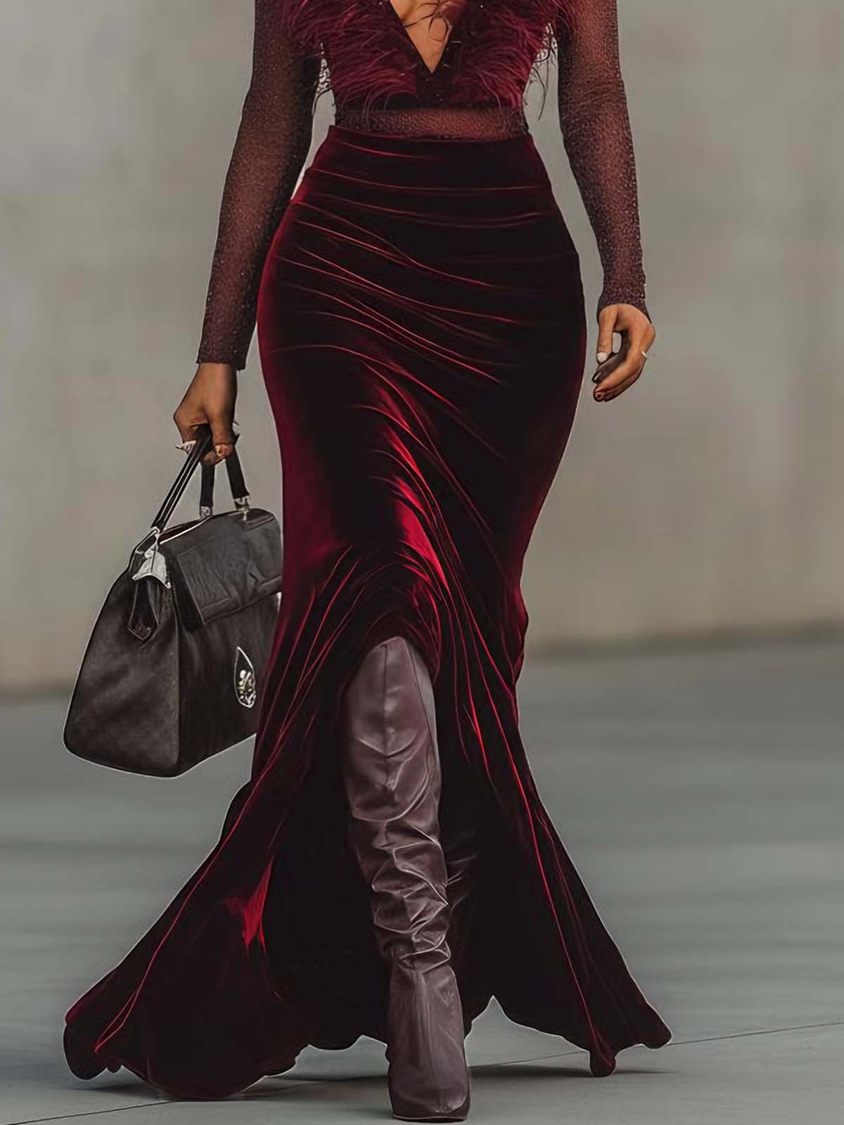Burgundy Velvet Deep V-neck Feather Mesh Fishtail Maxi Dress