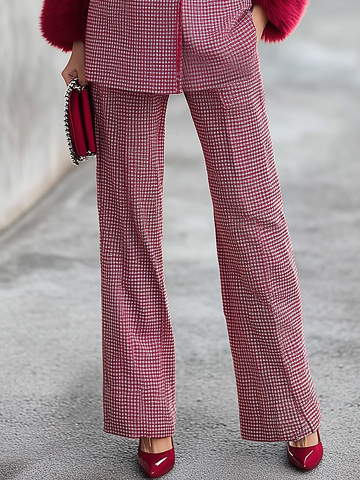 Red Houndstooth Double Breasted Blazer And Flared Pants Suit