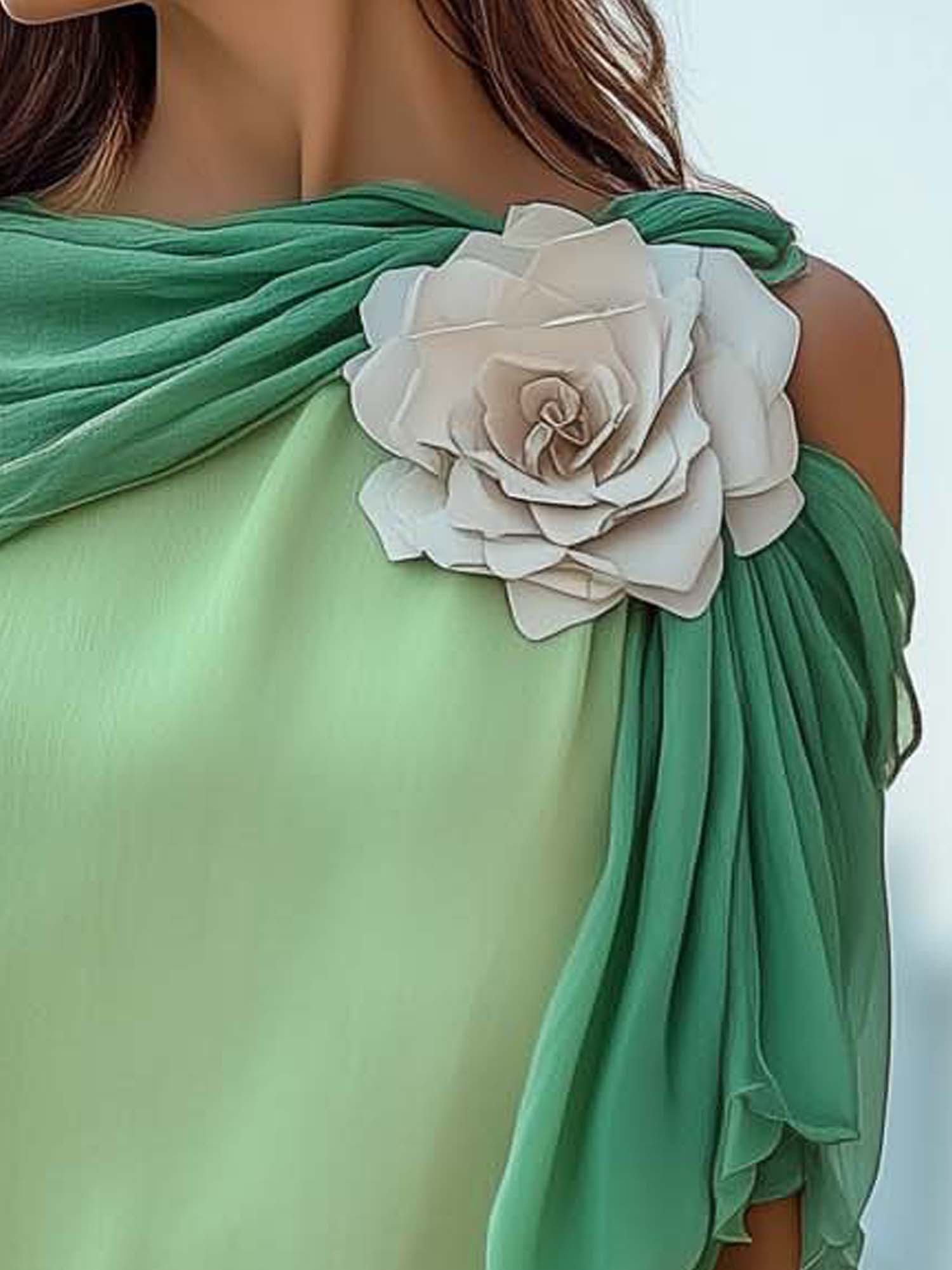 One Shoulder Green Chiffon Shirt With 3D Flowers