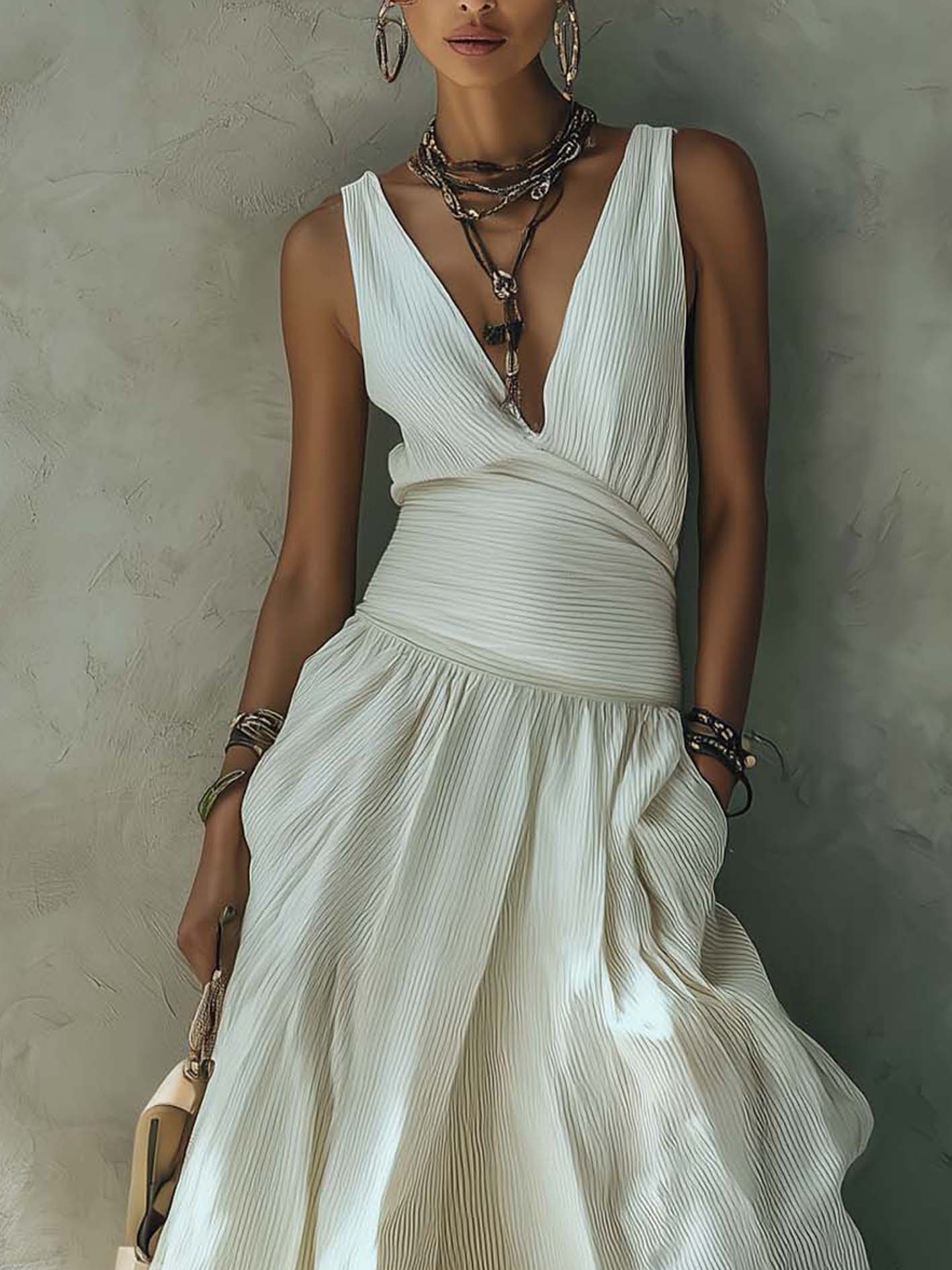 White V-Neck Sleeveless Maxi Dress With Chiffon Patchwork Hem