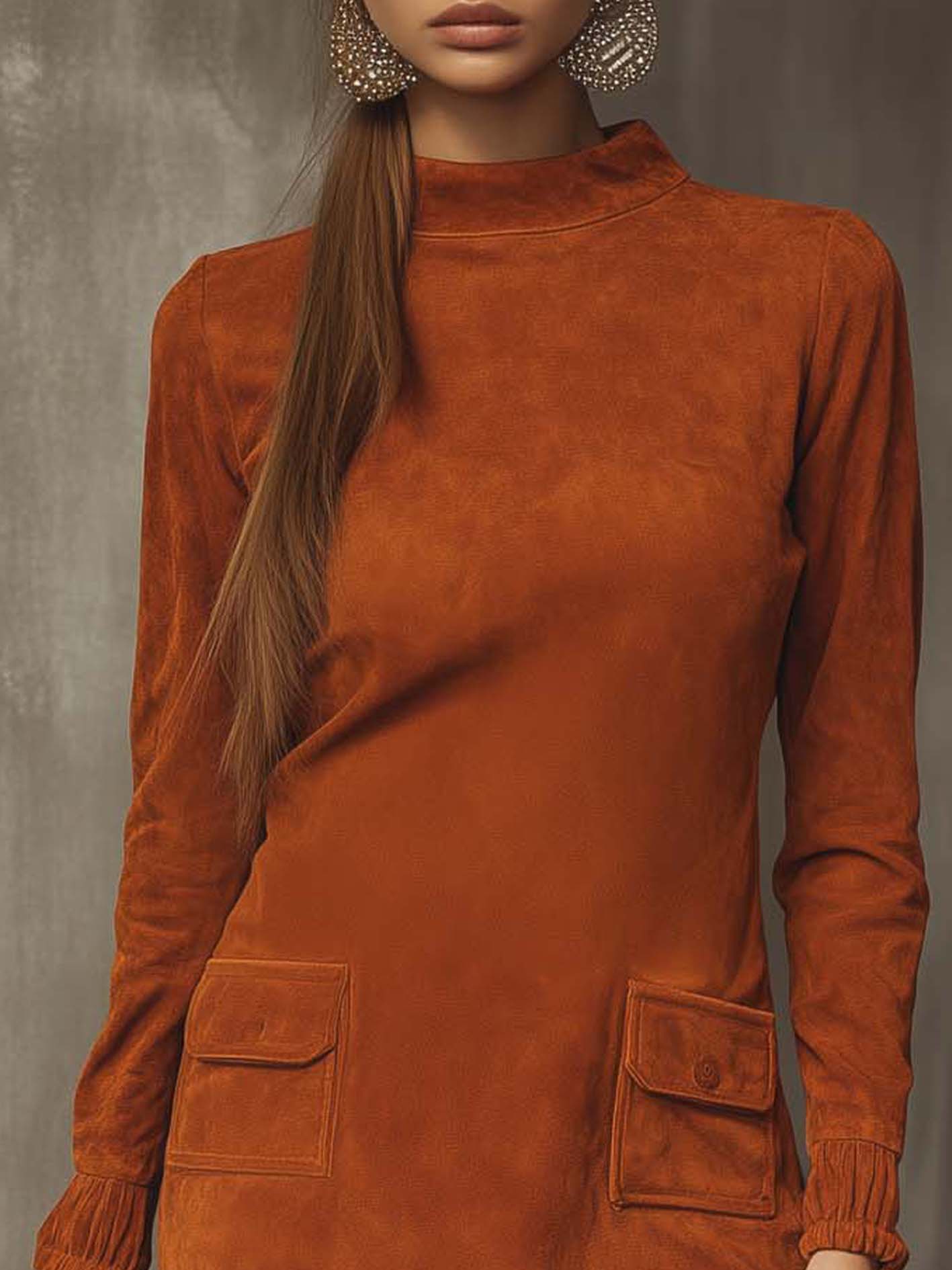 Orange Vintage Faux Suede Mini Dress With Pockets