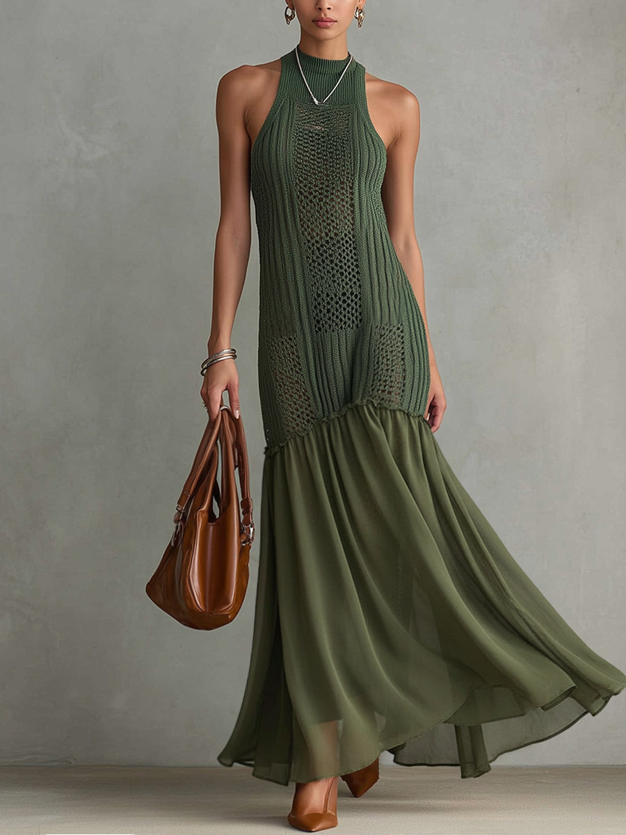 Green Sleeveless Knit Chiffon Mermaid Maxi Dress