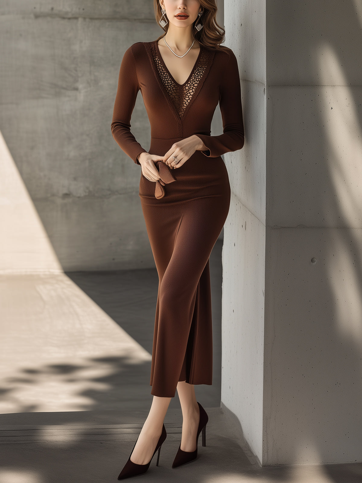 Brown Ribbed Knit Lace Insert V-Neck Long Sleeve Maxi Dress
