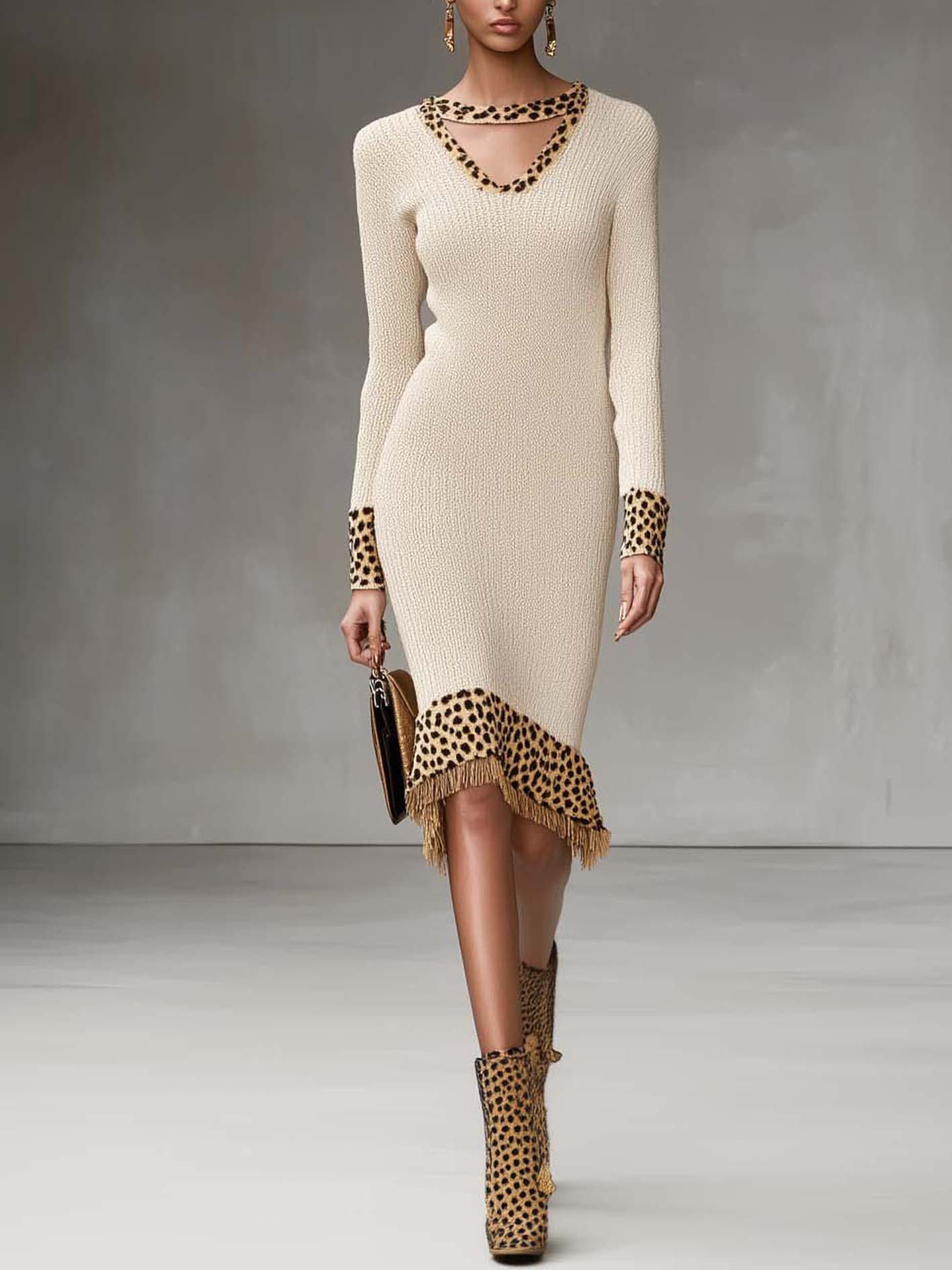 Off-white Knitted Midi Bodycon Dress With Leopard Print And Hollow Neckline