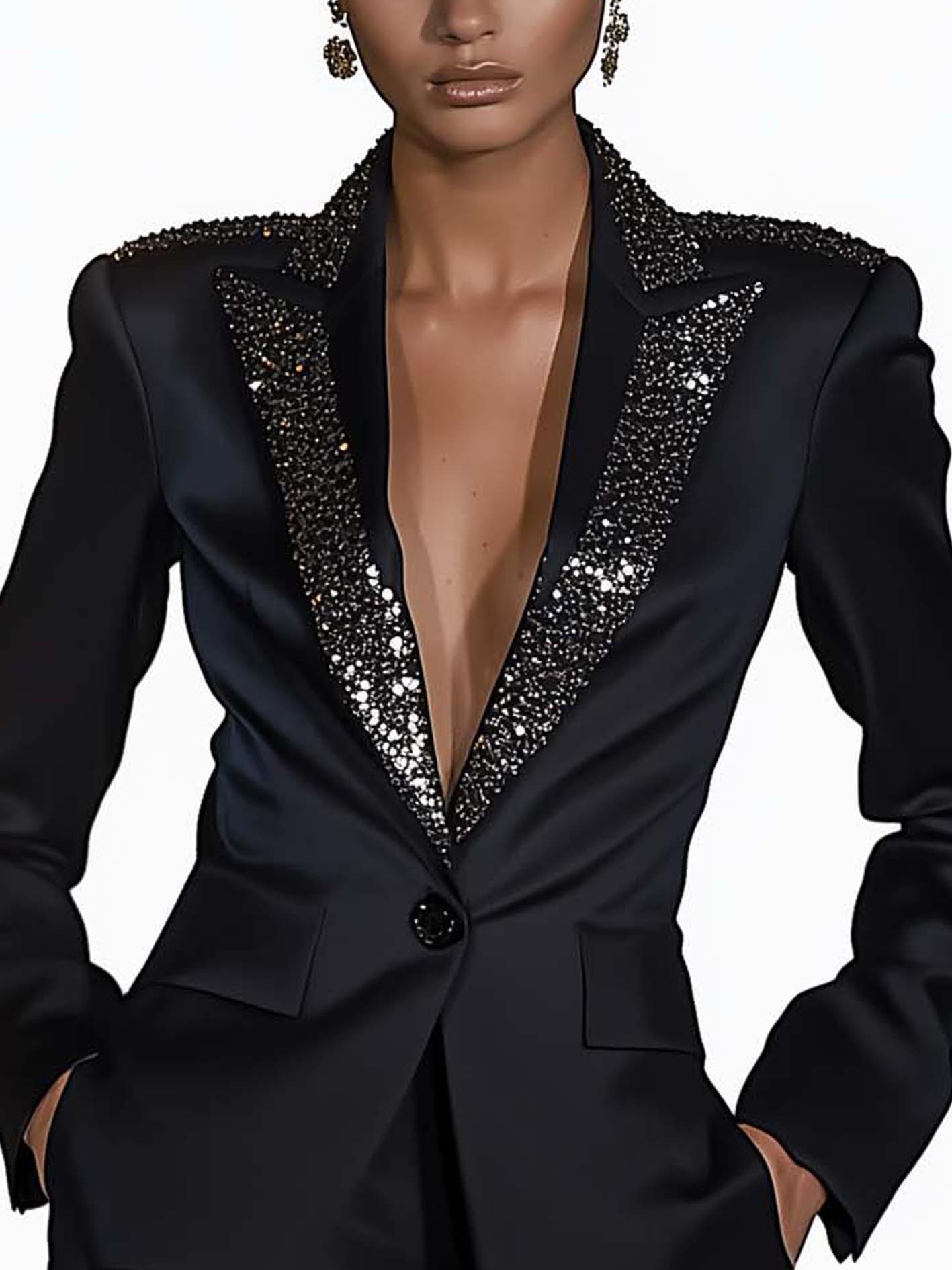 Black Satin Blazer With Sequined Ribbon