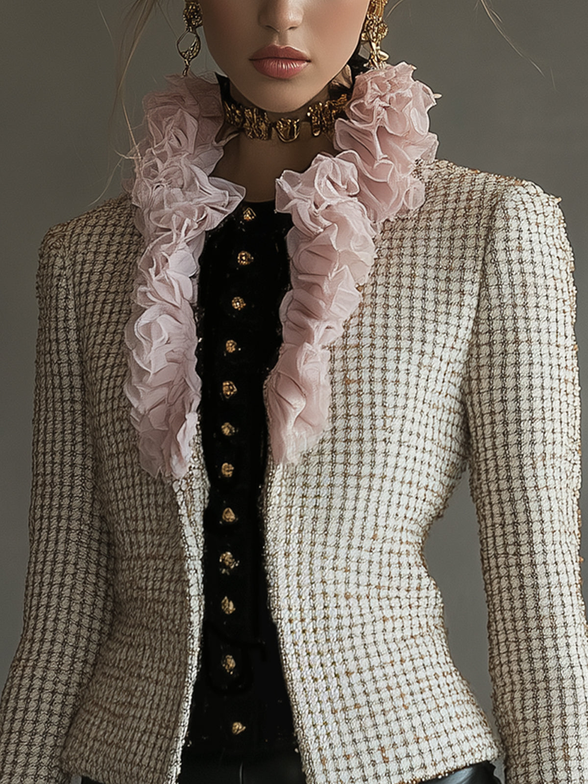 Houndstooth Blazer With Pink Ruffle Trim