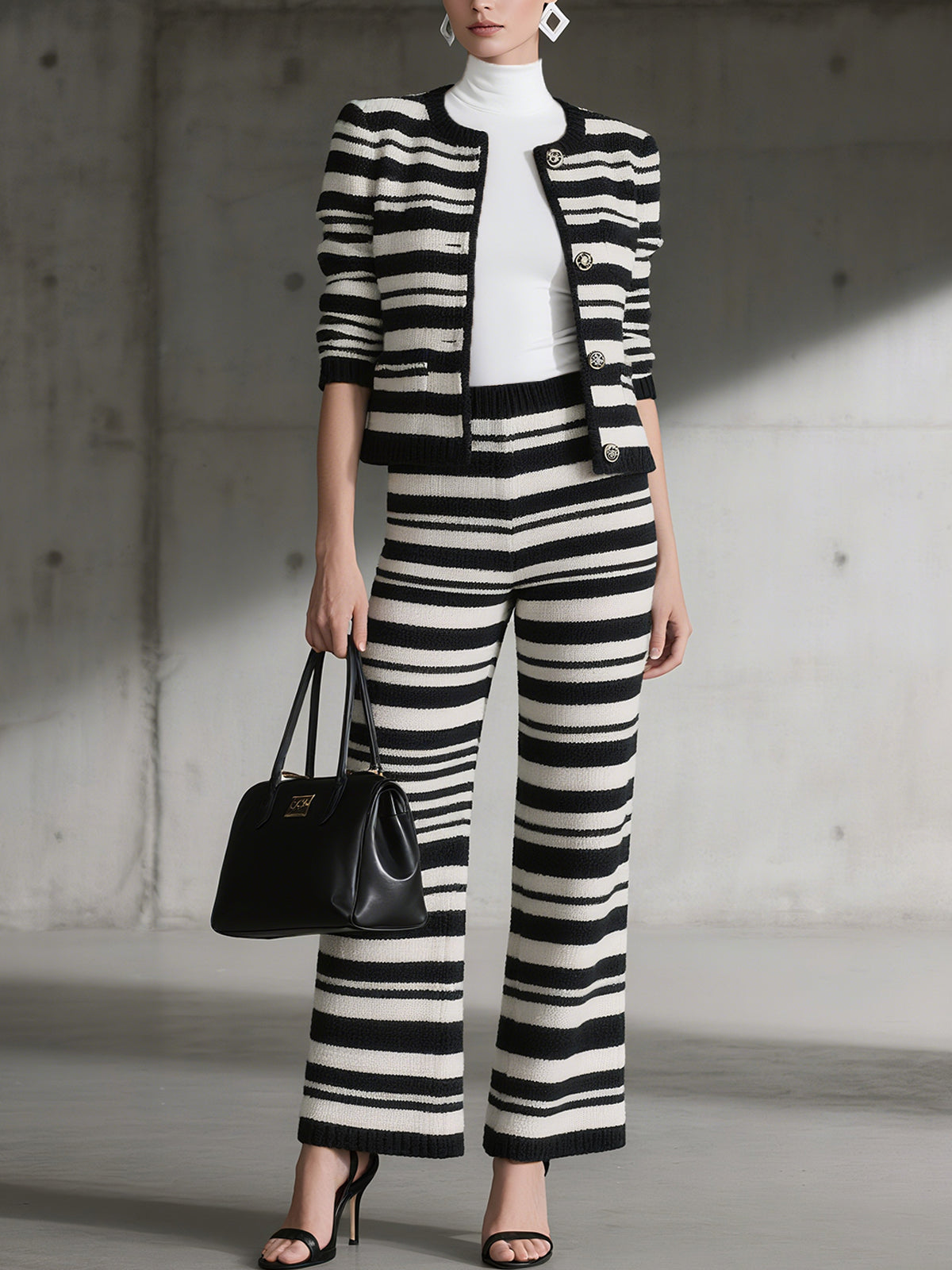 Striped Knit Jacket And Wide Leg Pants Set