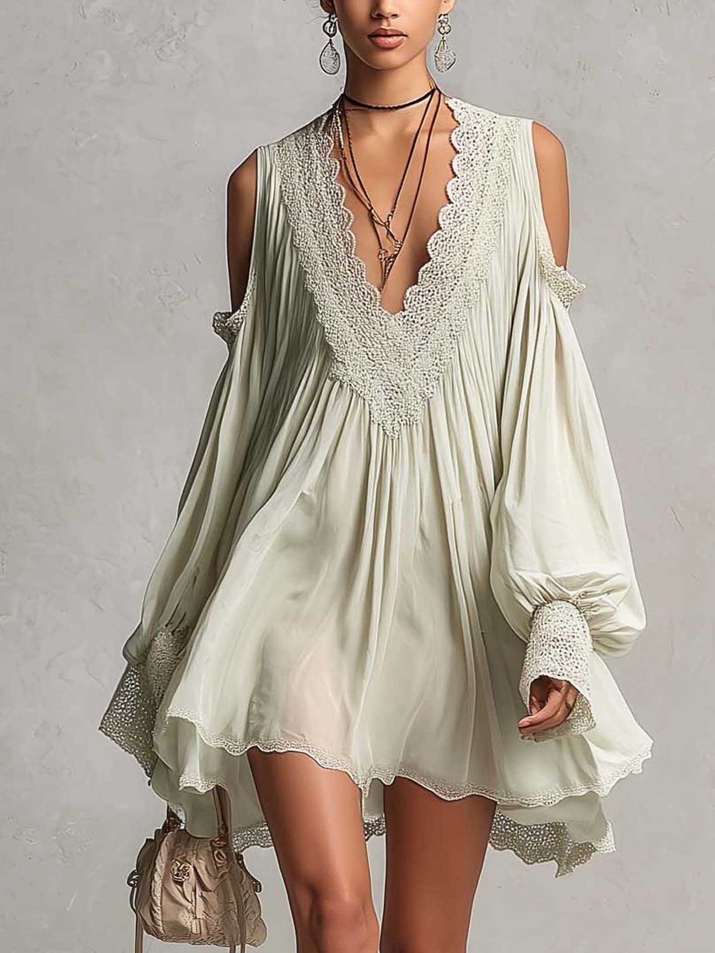 Light Green Lace Patchwork Cold Shoulder Chiffon Mini Dress