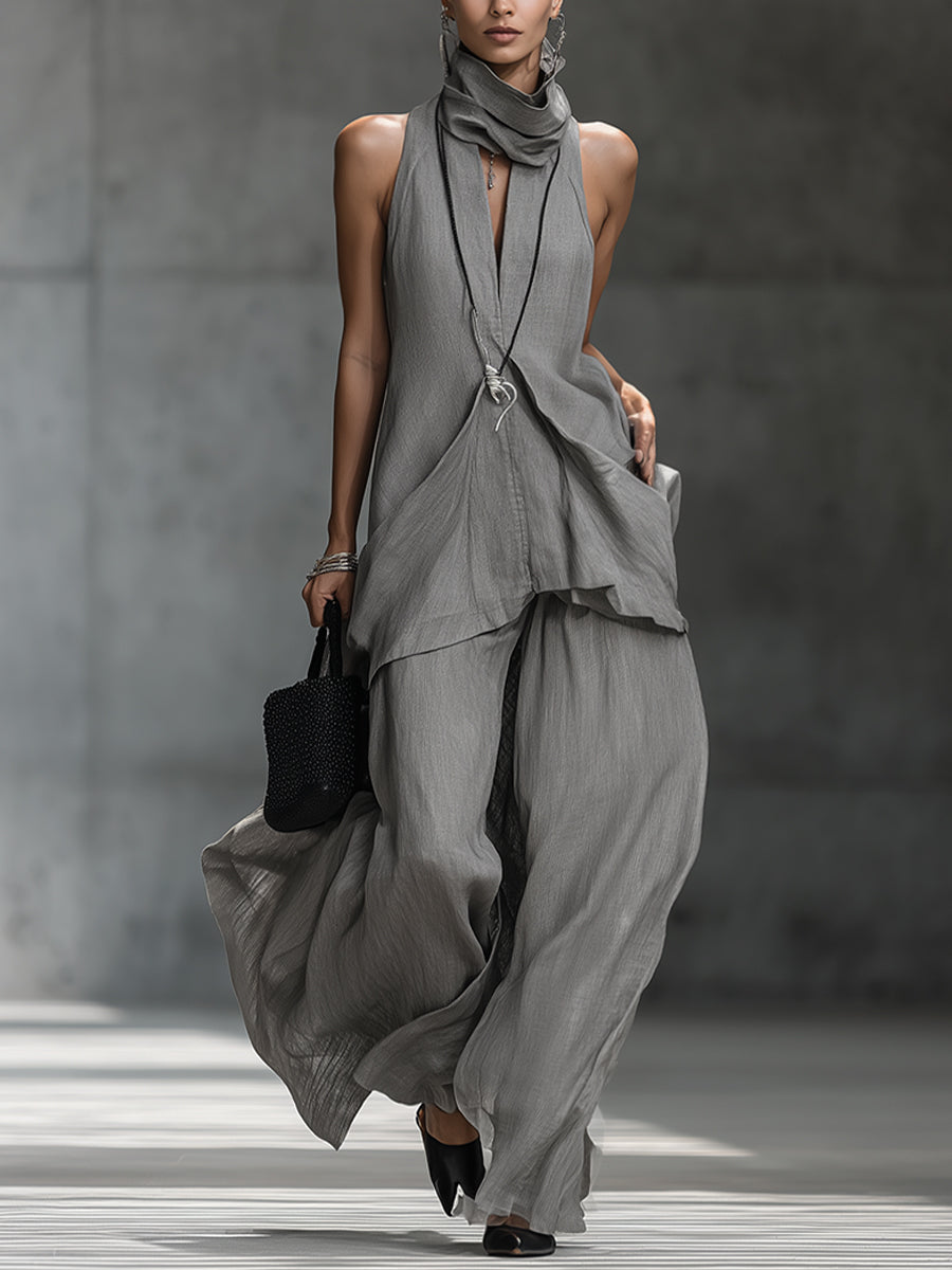 Gray Linen Blend Sleeveless Turtleneck Top And Wide Leg Pants Set