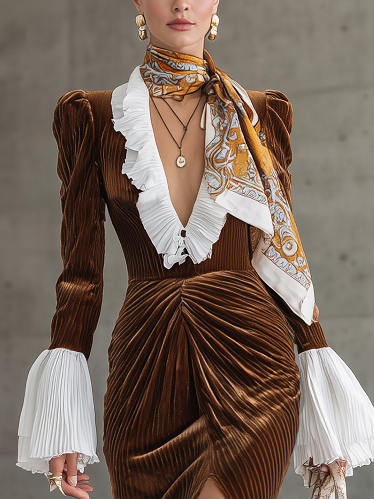 Chocolate Velvet Midi Dress With Pleated Cuffs And Ruffled Plunge Neckline