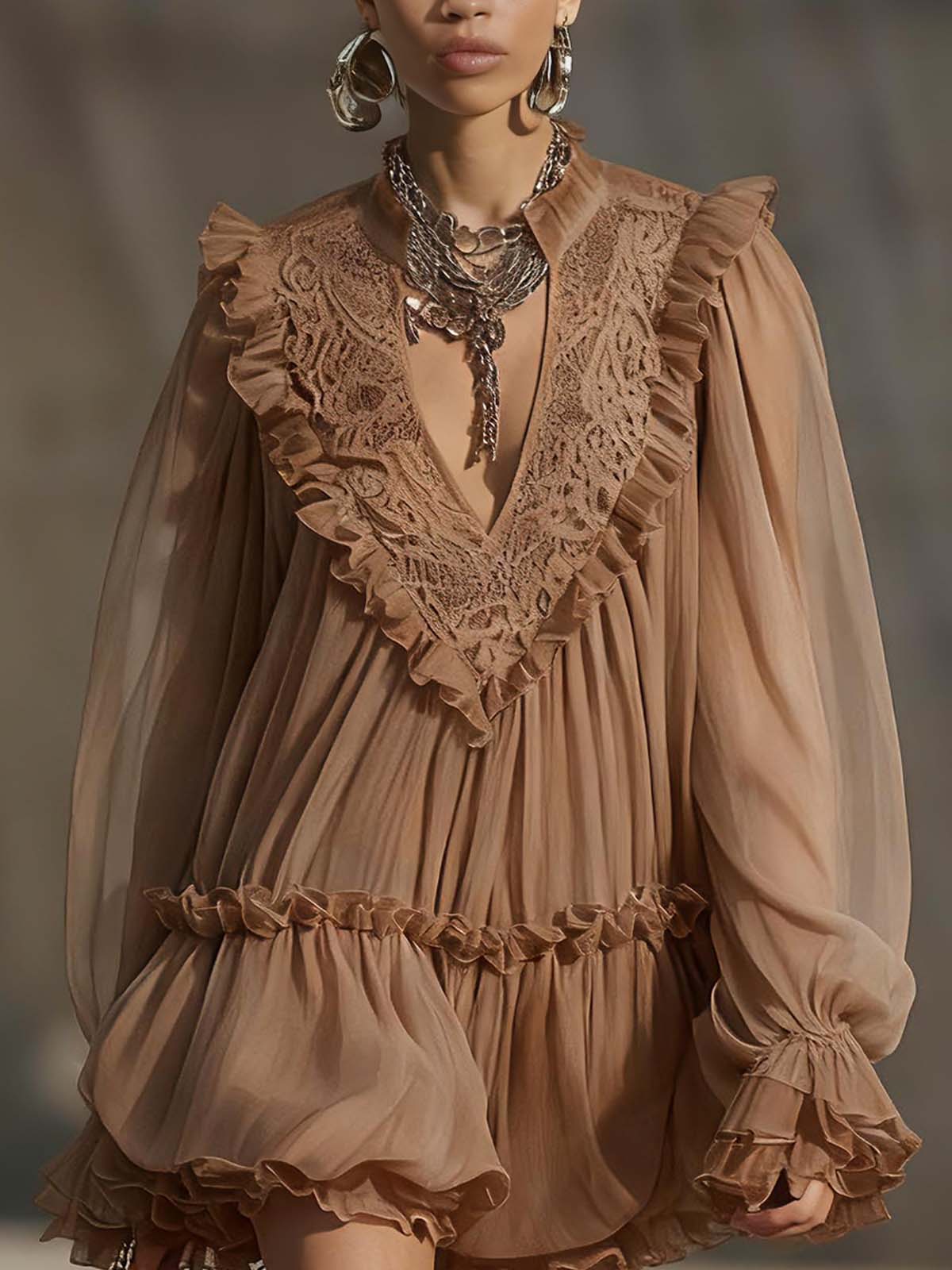 Brown Chiffon Patchwork Lace V-neck Ruffled Mini Dress