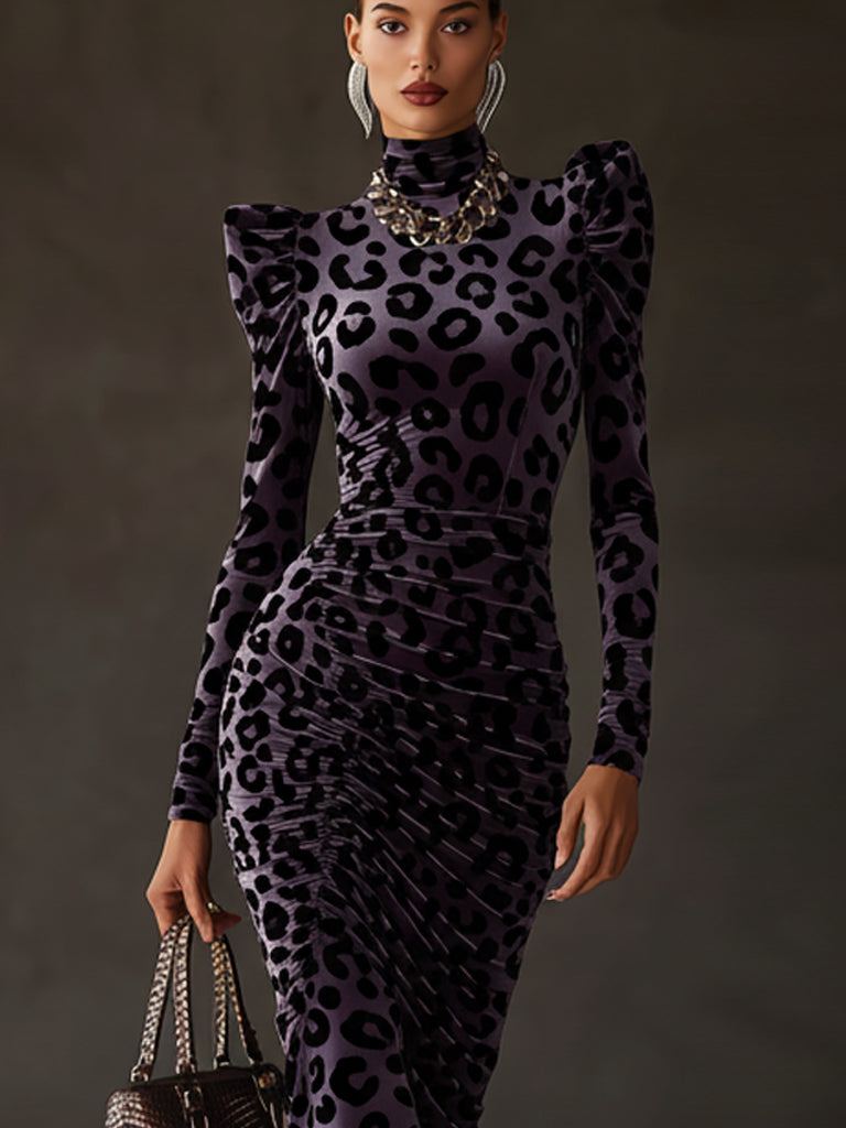 Purple Leopard Print Vintage Velvet Turtleneck Bodycon Dress