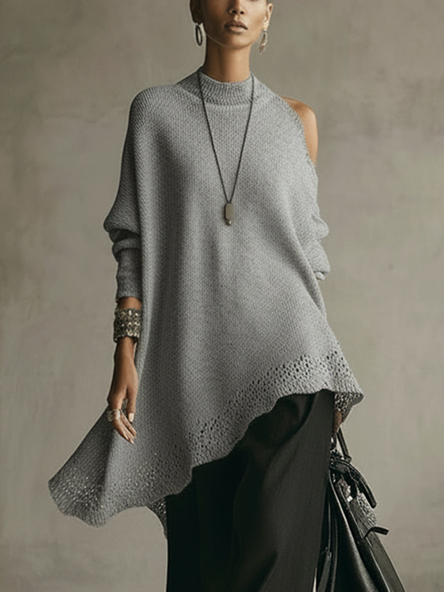 Gray Loose Knit Midi Dress With Asymmetric Hem
