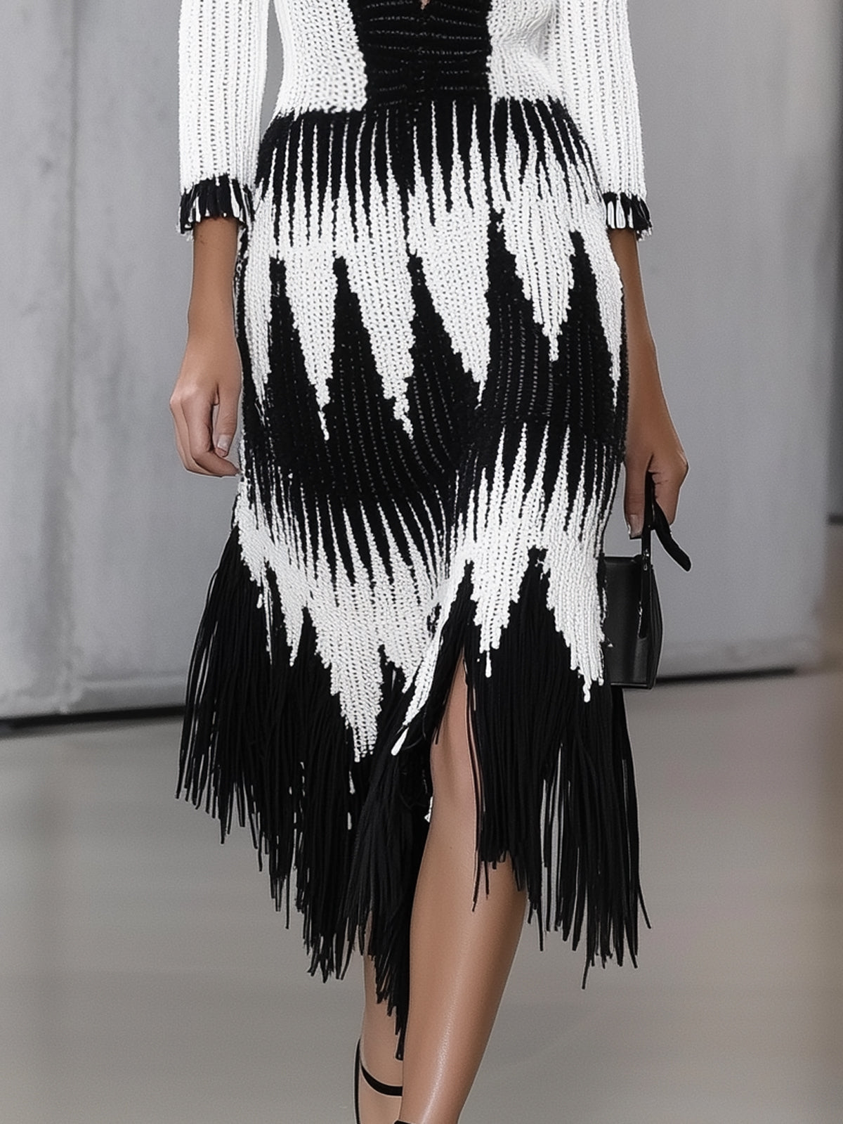 Black And White Knit Bold Contrast Deep V-Neck Three Quarter Sleeve Midi Dress