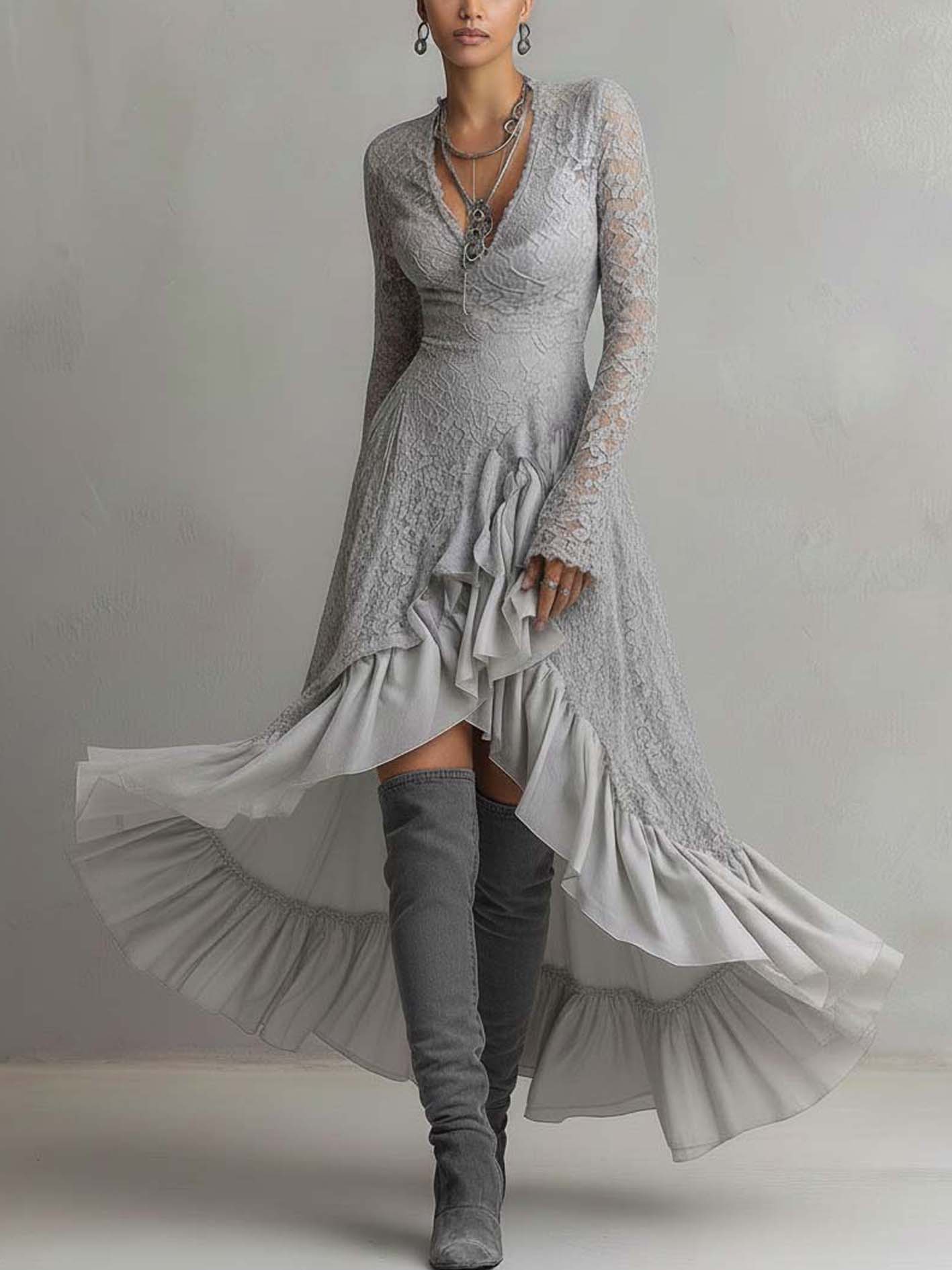 Gray Lace Ruffled Patchwork Midi Dress