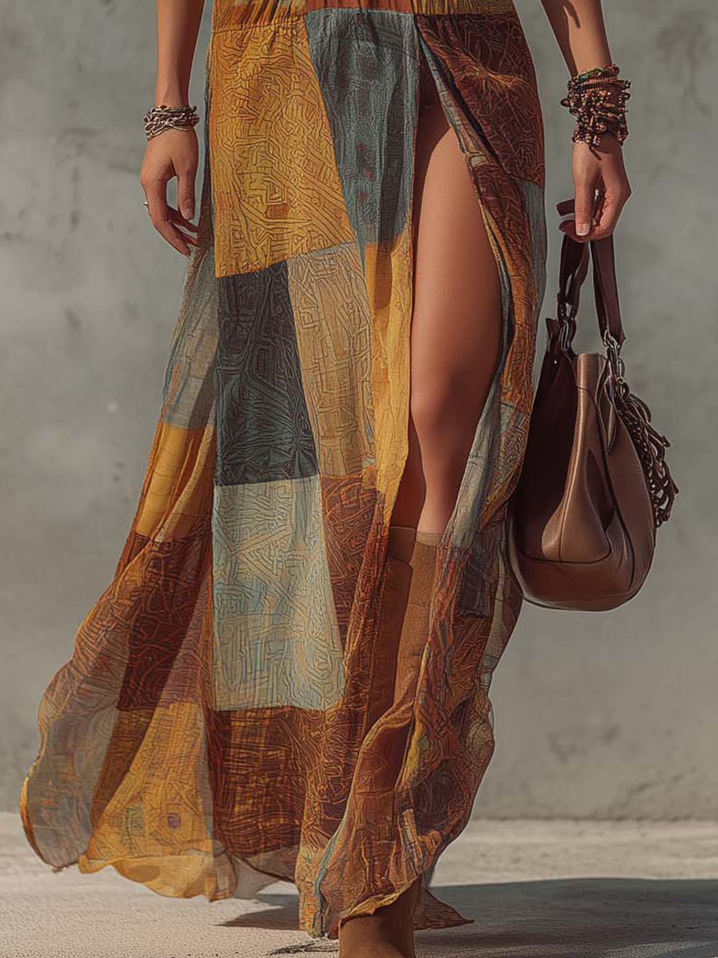 Boho Patchwork Chiffon Maxi Dress