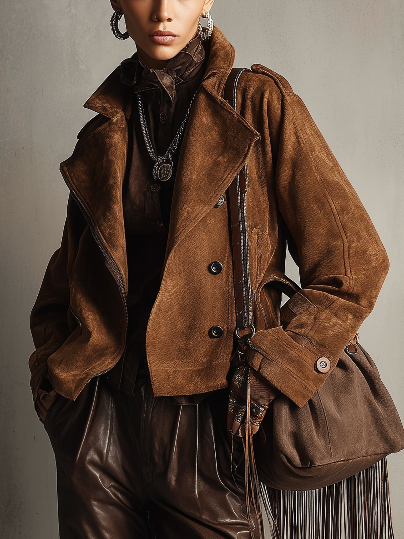 Brown Faux Suede Double Breasted Long Sleeve Jacket