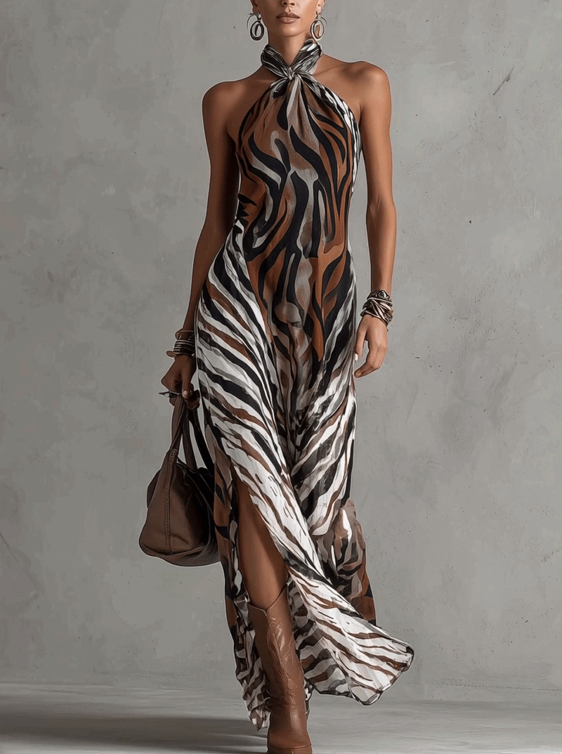 Multicolor Zebra Print Halter Neck Sleeveless Maxi Dress
