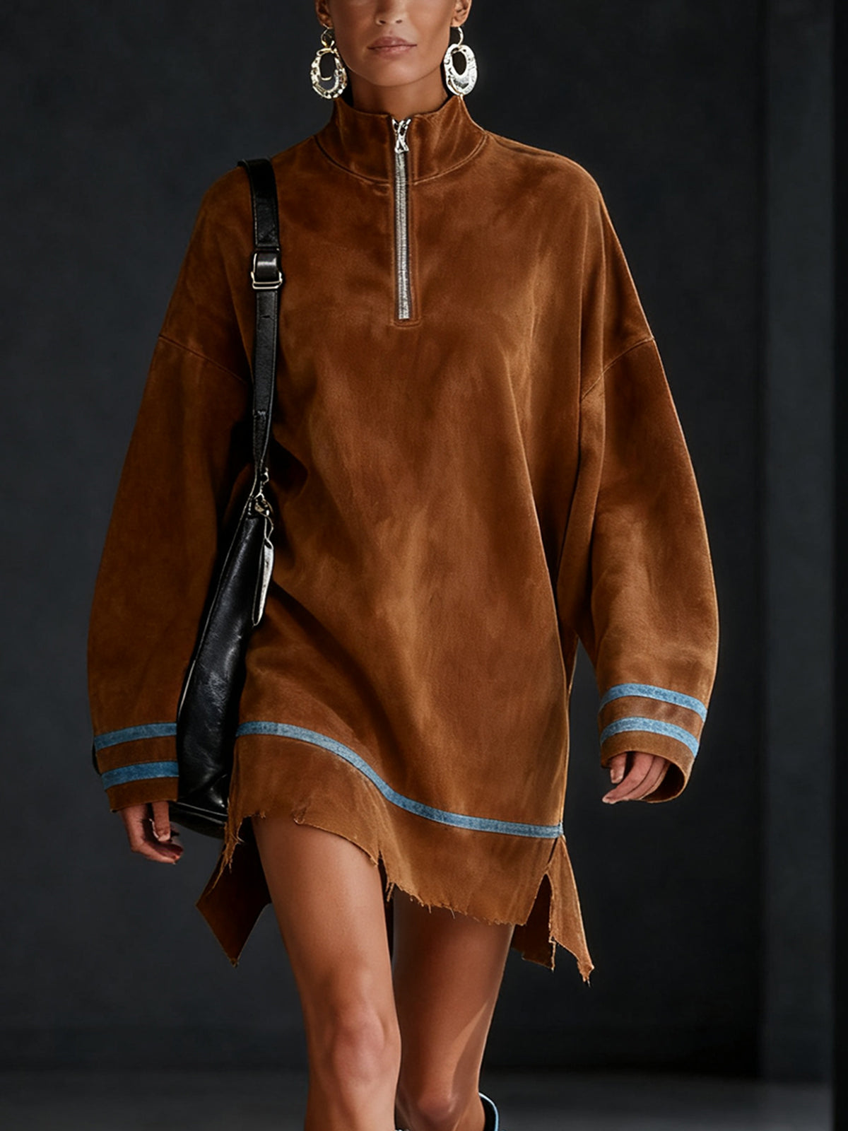 Brown Faux Suede High-Neck Frayed Hem Oversized Mini Dress