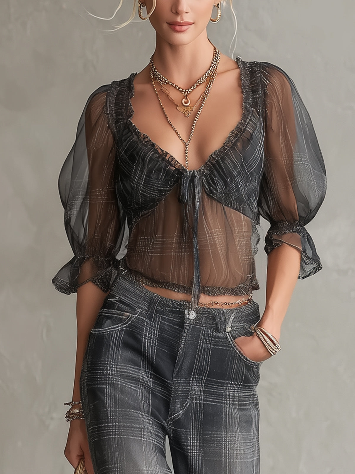 Sheer Black Plaid Puff Sleeve Tie-Front Blouse
