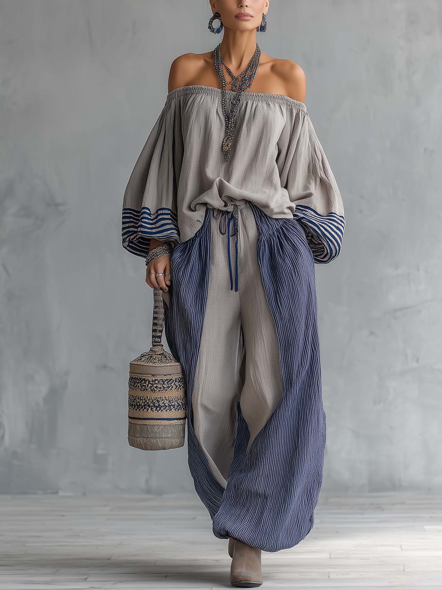 Gray Off Shoulder Top And Wide Leg Pants Set With Blue Striped
