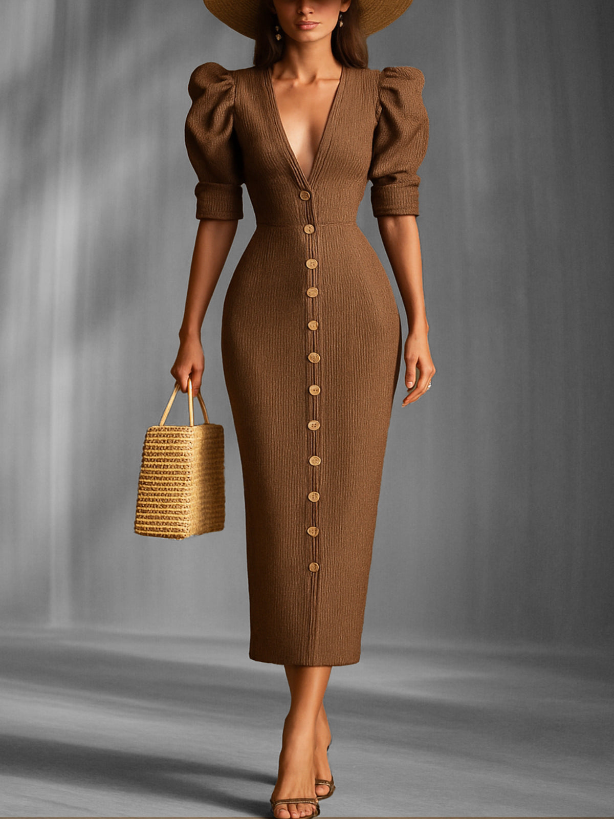 Brown Puff Sleeve Knit Midi Dress With Button Detail