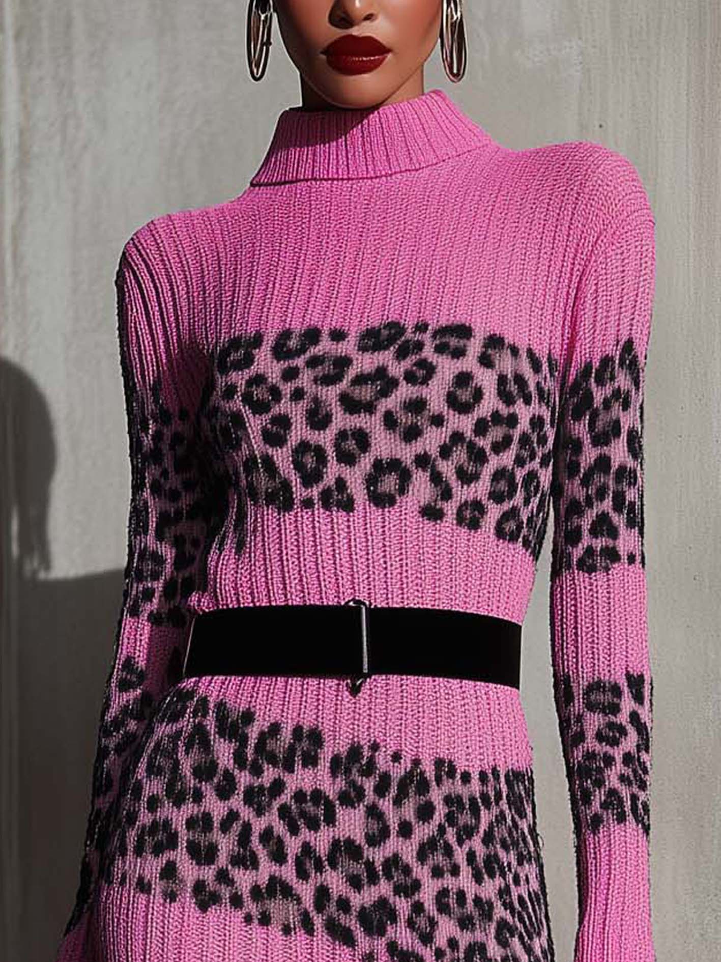 Barbie Pink Knit Bodycon Dress With Leopard Print And Black Belt
