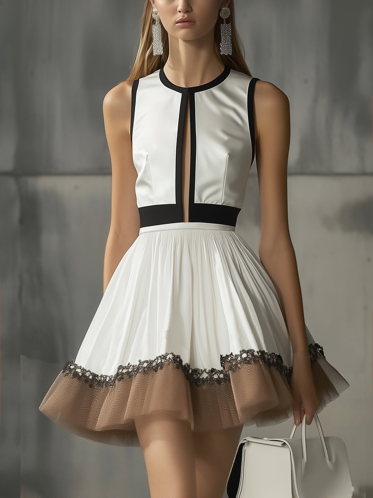 White Satin Paneled Plunge Sleeveless Mini Dress