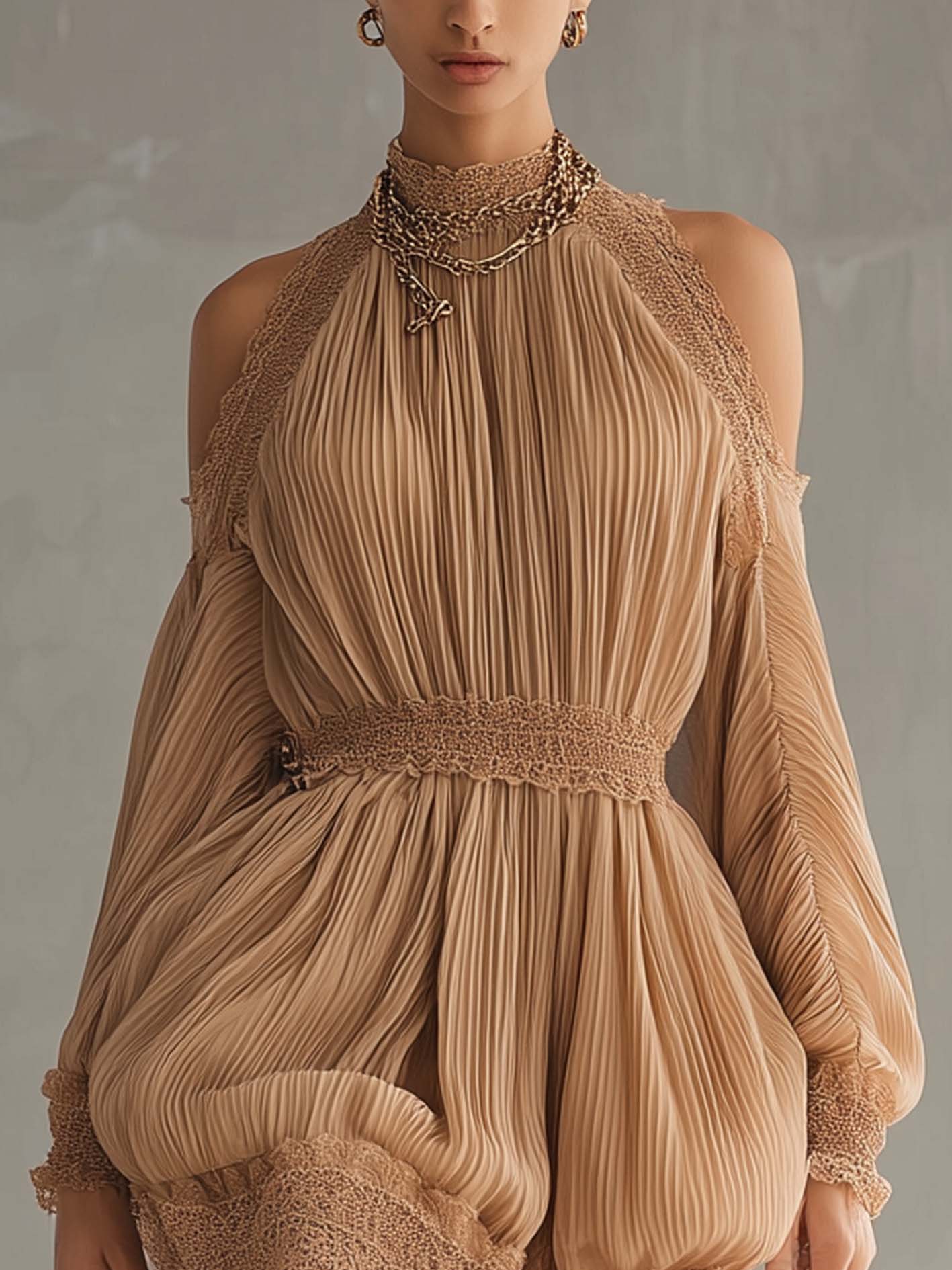 Camel Pleated Chiffon Cold Shoulder Mini Dress With Lace Trim
