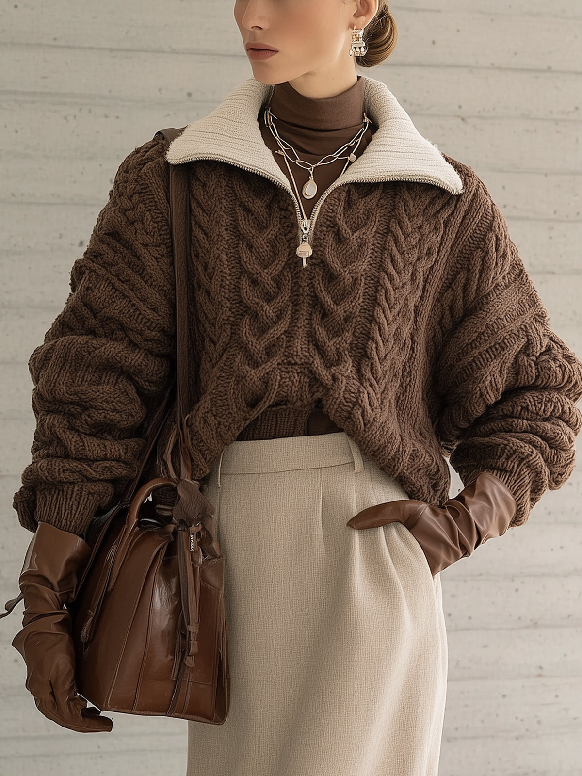 Chocolate Cable Knit Half Zip Sweater