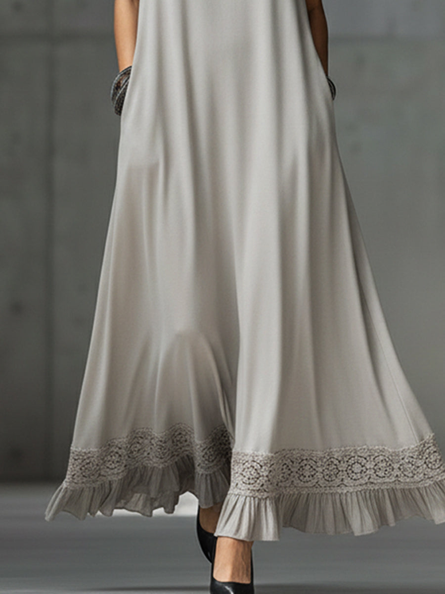 Gray Satin Soft Drape Collar Maxi Dress With Lace Trim