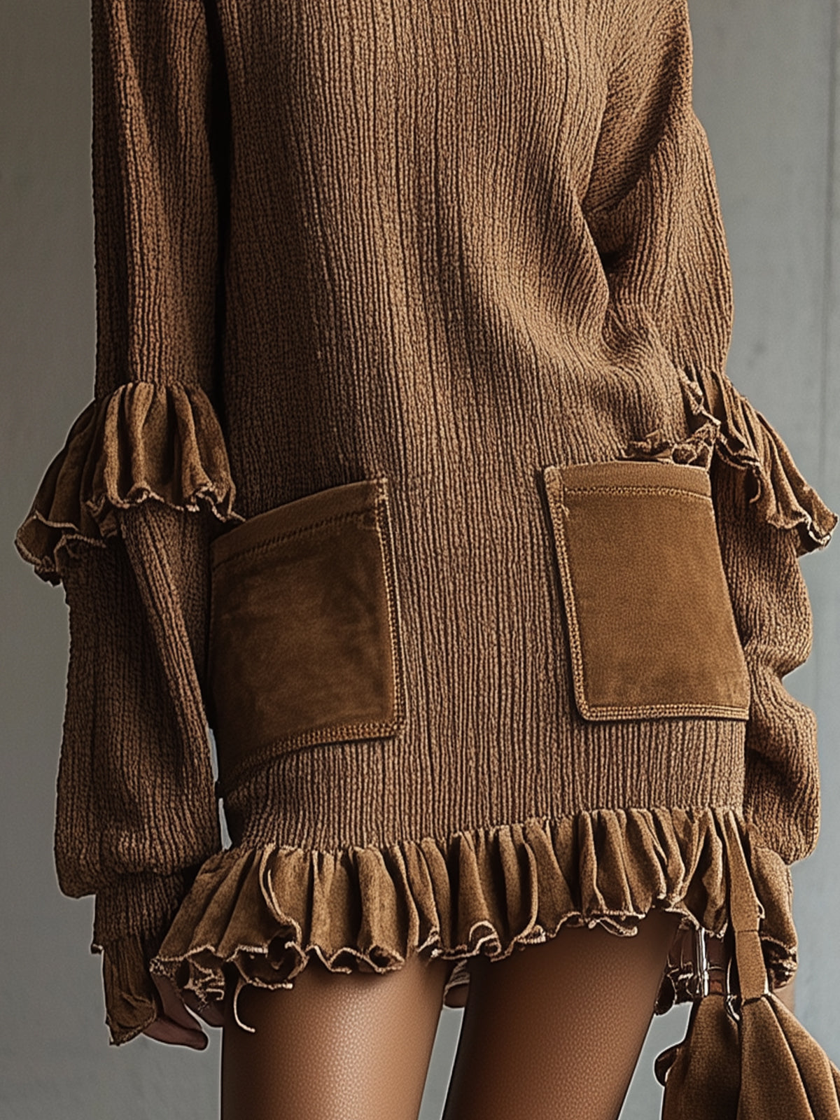 Brown Knit Turtleneck Dress With Ruffle Hem And Suede Pockets