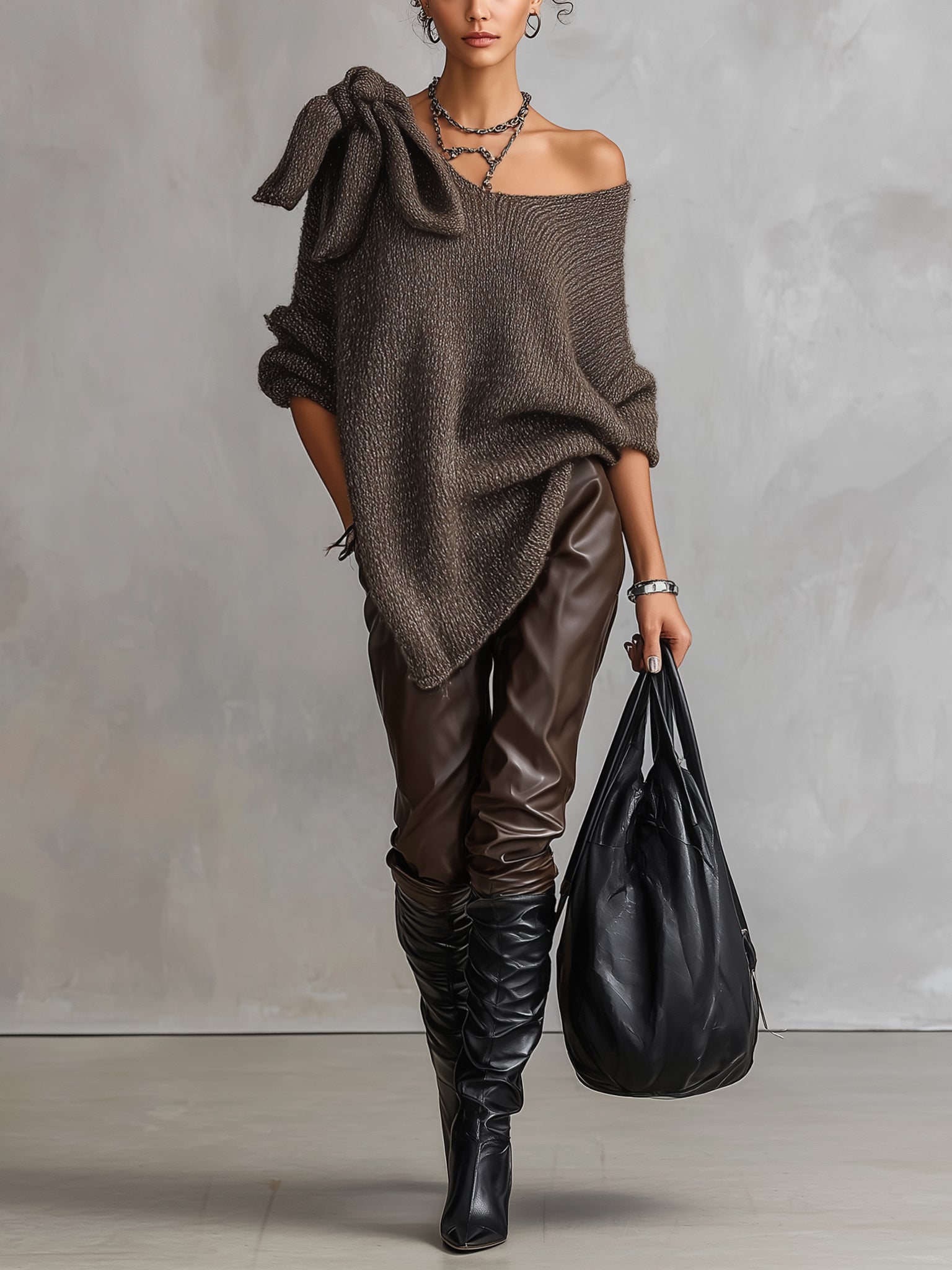 Taupe Loose V-Neck Sweater With Bow Detail