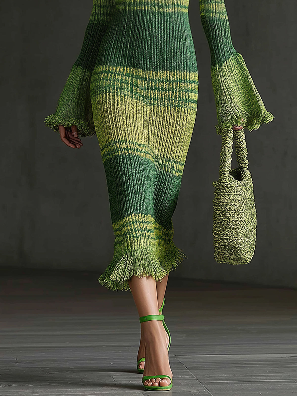 Green Ombre Knit Flared Sleeve Midi Dress