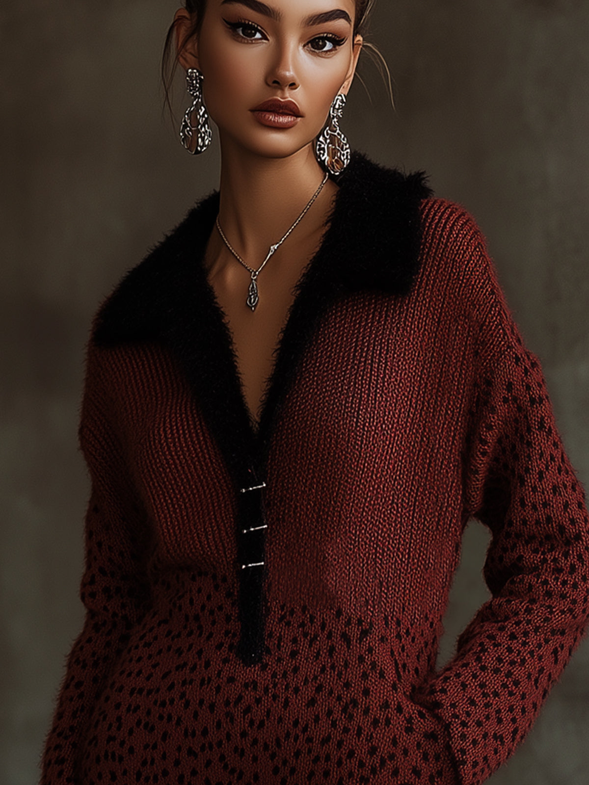 Burgundy Knit Dress With Faux Fur Collar And Leopard Print