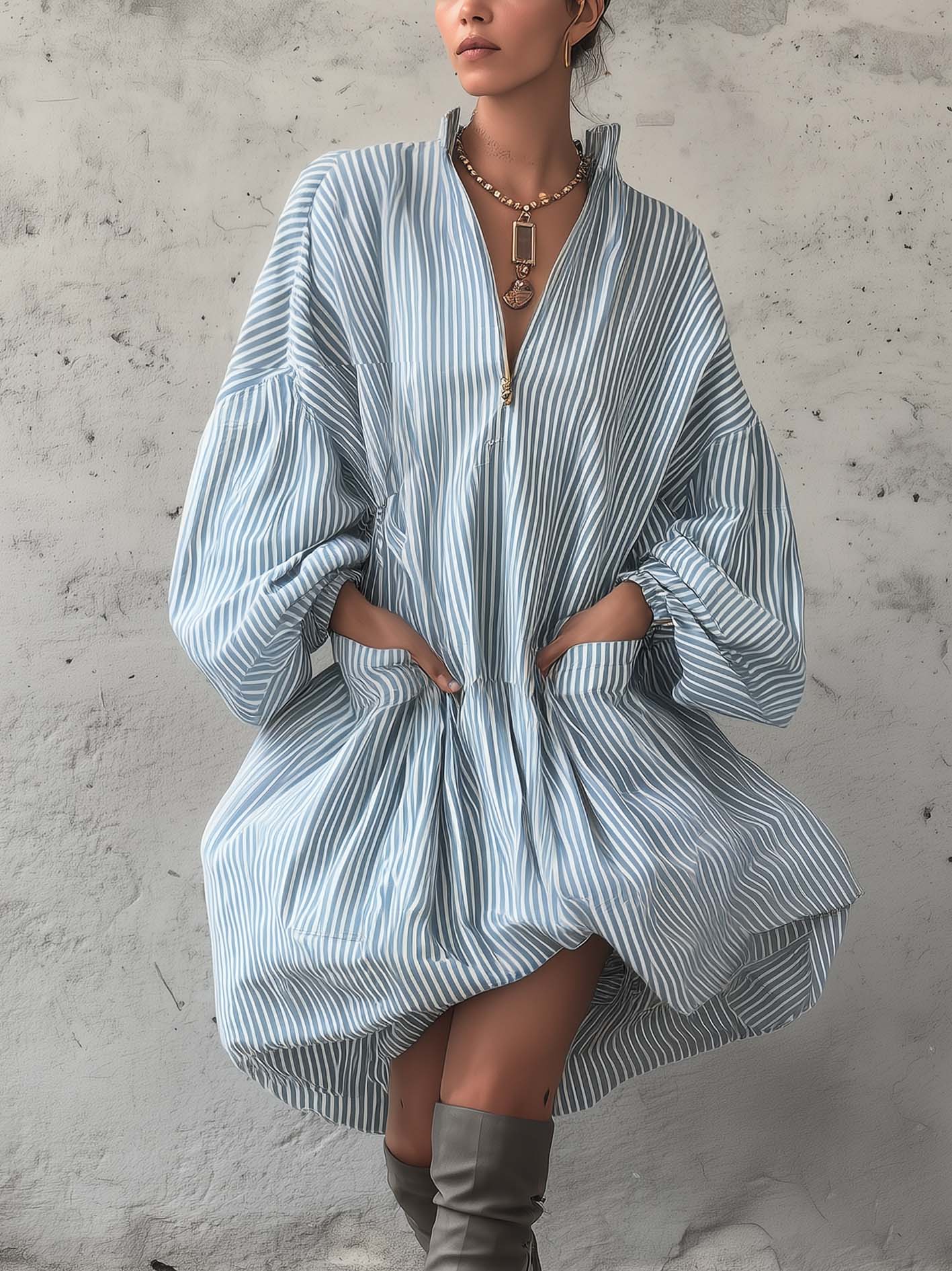 Blue Striped Puff Hem Mini Zip-Up Shirt Dress