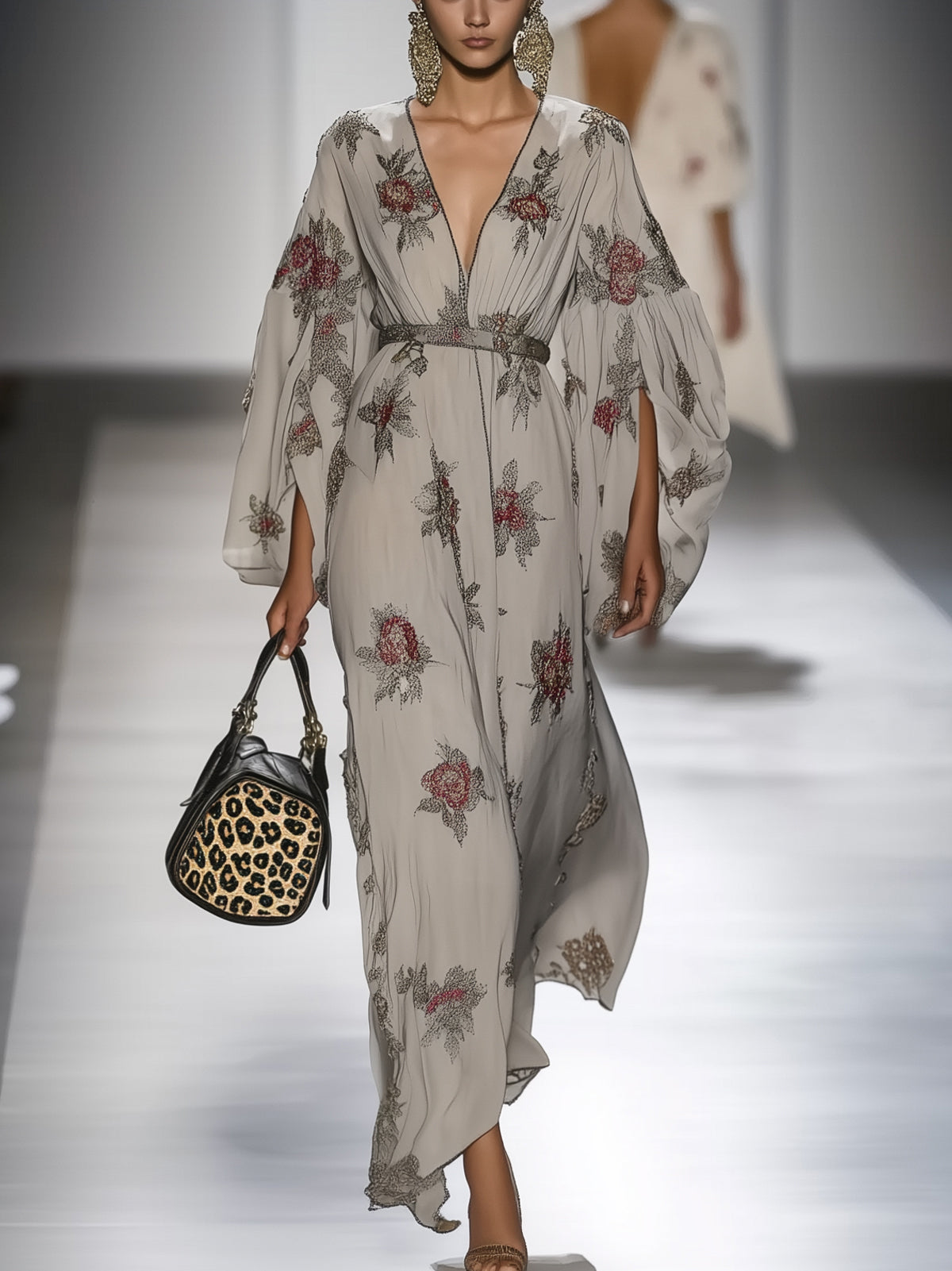 Gray Floral Chiffon Print Belted Deep V-Neck Long Sleeve Maxi Dress