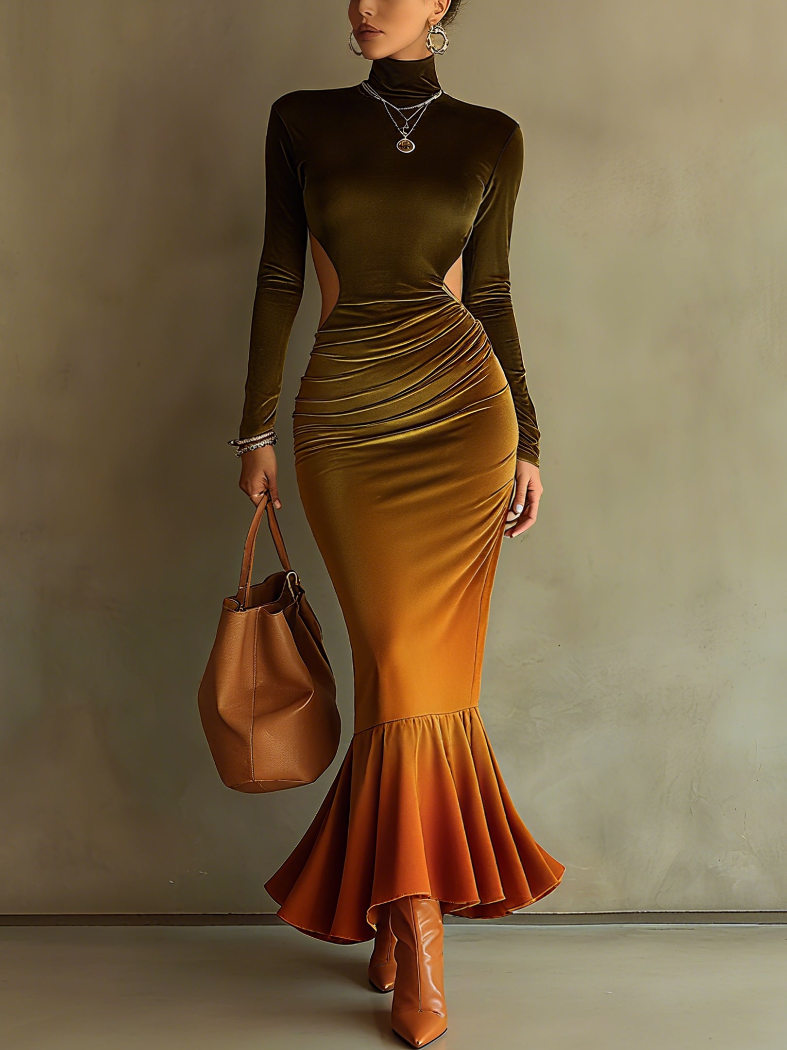 Green Gradient Velvet Openwork Fishtail Maxi Dress