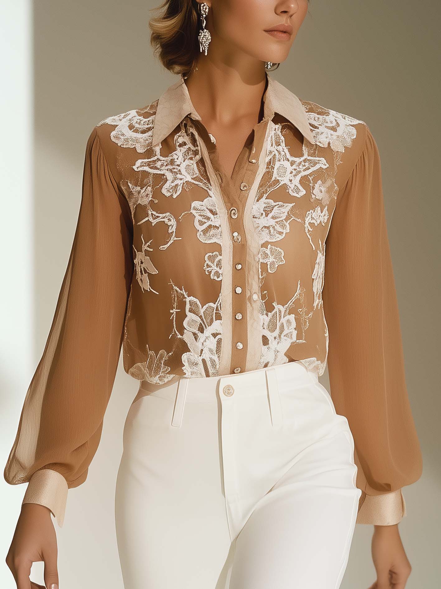 Brown Chiffon Blouse With Openwork Lace Print